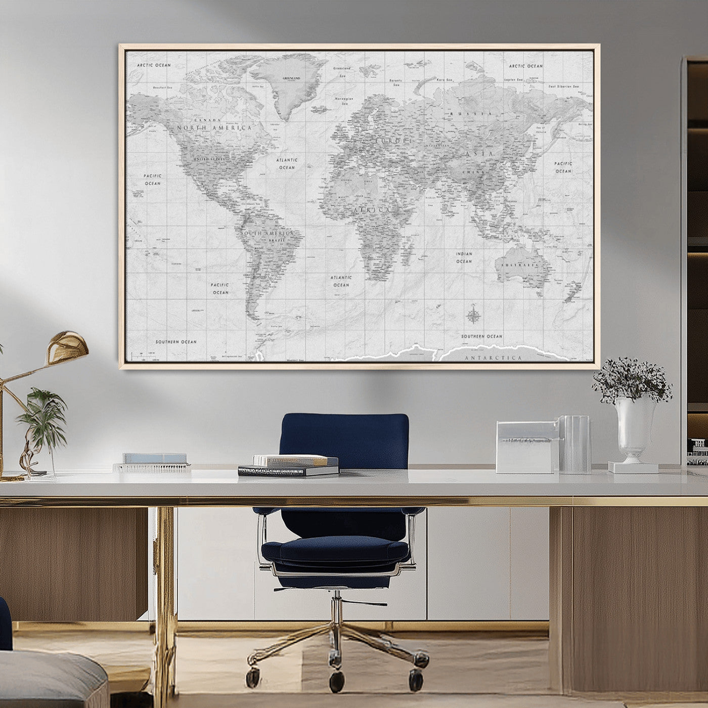 10516725-MGV-FC-36X24_Natural-Black and White World Map Wall Art – Minimalist Grayscale Canvas Print – Modern Detailed Travel Map Poster for Home, Office, or