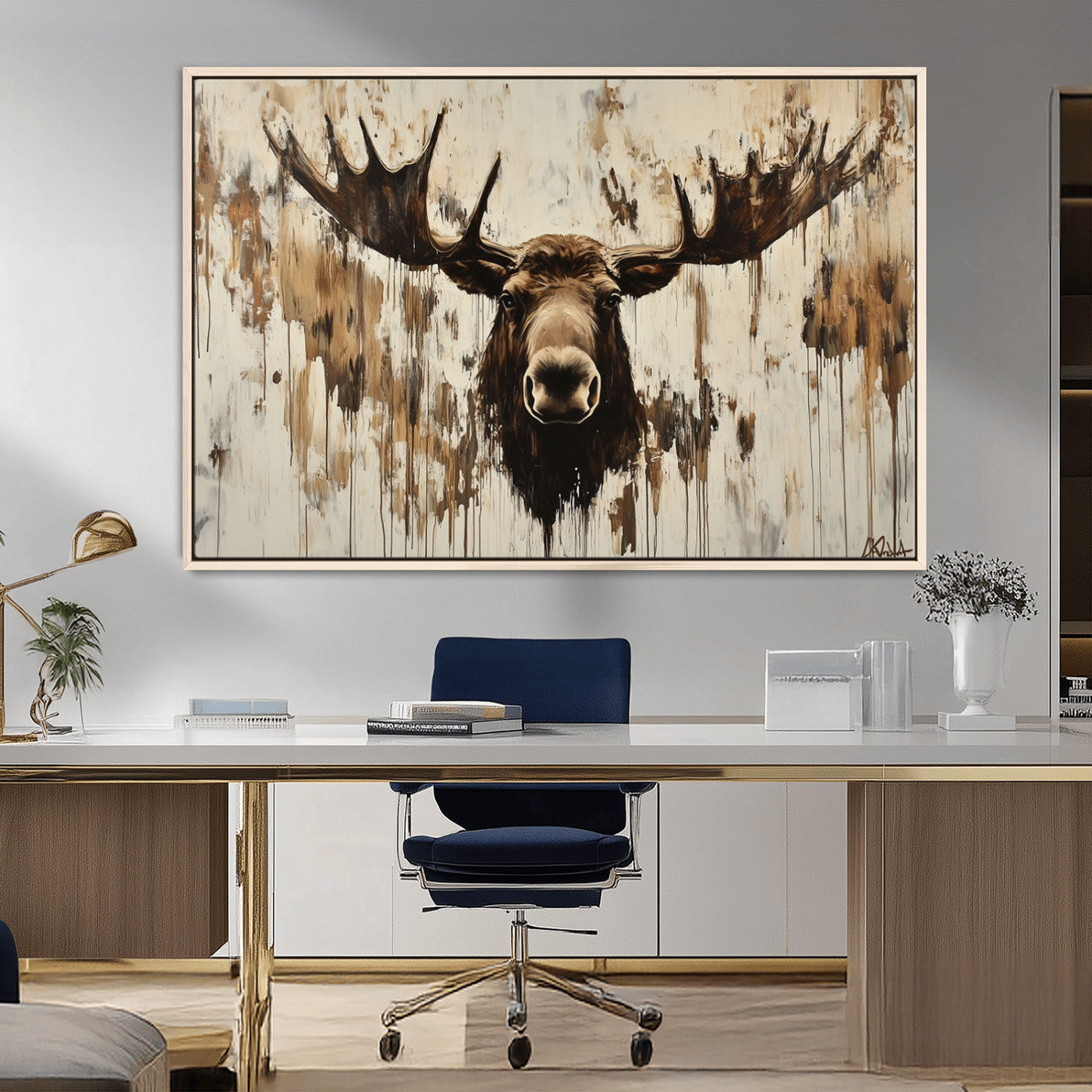 34496536-MGV-CV-36X24-Rustic Moose Wall Art – Modern Abstract Animal Canvas Print – Majestic Moose Head Painting with Neutral Earth Tones for Cabin,