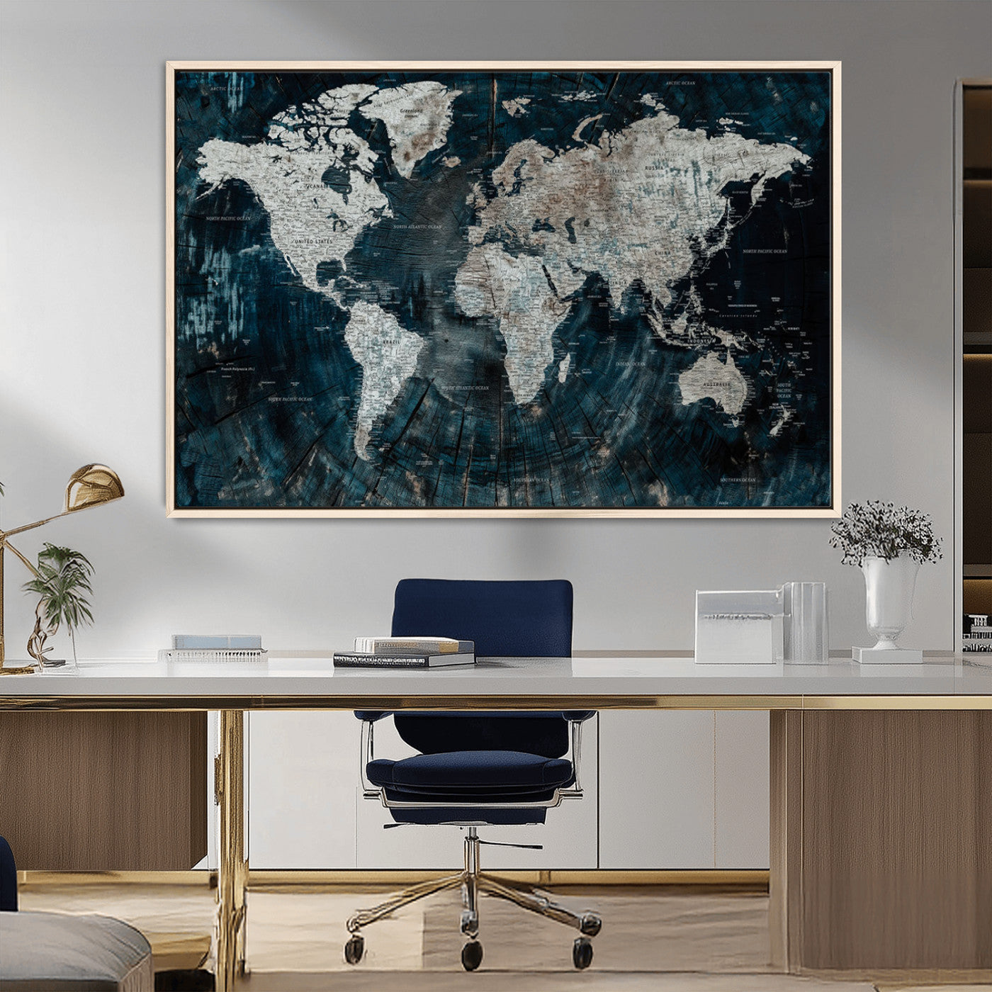 34425609-MGV-CV-36X24-World Map Wall Art – Rustic Navy and Grey Atlas Canvas Print, Distressed Explorer Map Artwork, Industrial Style Decor for Office,
