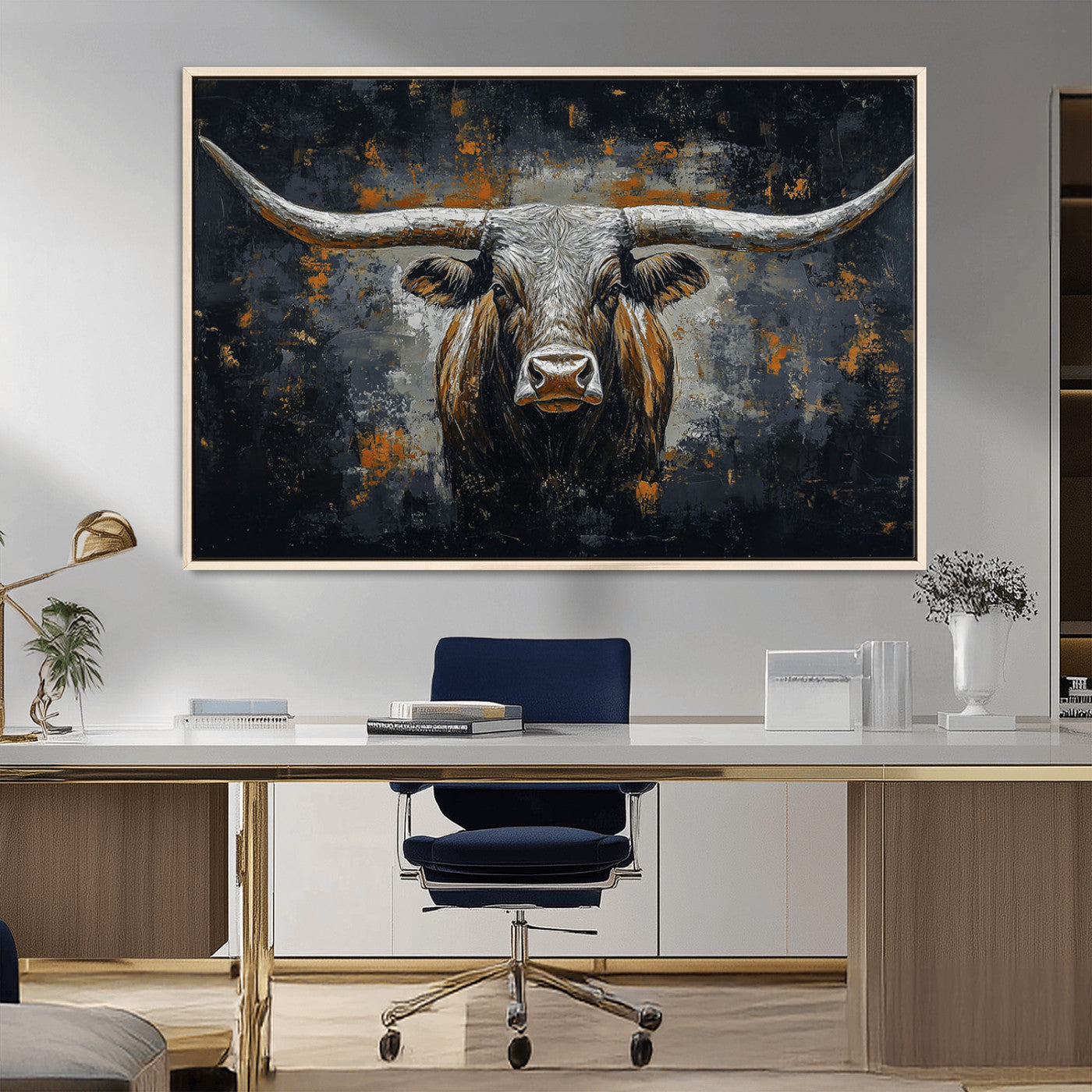 93195031-MGV-FC-36X24_Natural-Dark Longhorn Bull Wall Art – Western Steer Canvas Print, Moody Rustic Animal Painting for Man Cave, Ranch House, Office or Modern