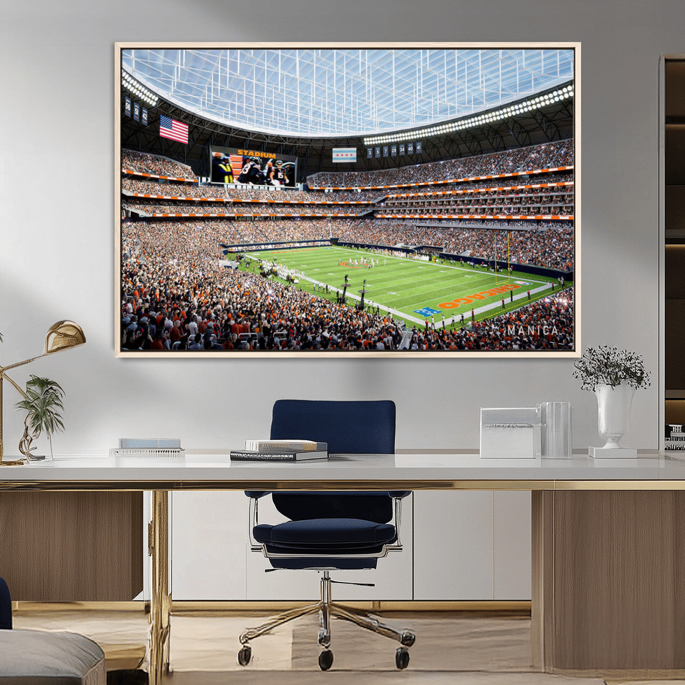 32530647-MGV-CV-36X24-Chicago Bears Stadium Wall Art – Futuristic Dome Arena Canvas Print, Modern Football Concept Design Decor for Man Cave, Bar, or