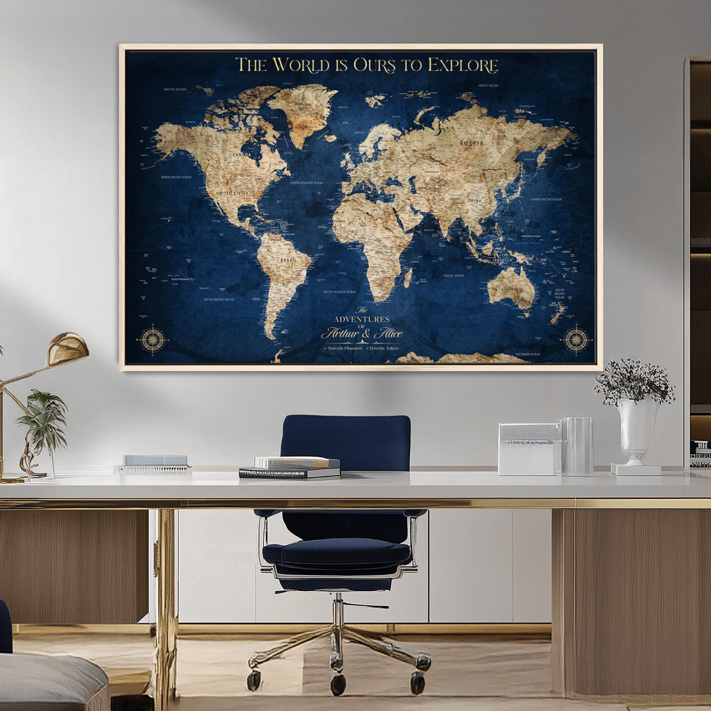 54782997-MGV-FC-36X24_Natural-The World is Ours to Explore Wall Art – Blue World Map Canvas Print, Adventure Travel Decor for Home, Office or Living Room,