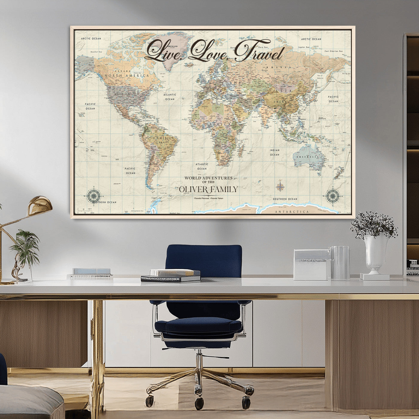 19479008-MGV-CV-36X24-Live Love Travel Wall Art – Detailed World Map Canvas Print, Adventure Decor for Living Room, Office or Bedroom, Travel Gift for