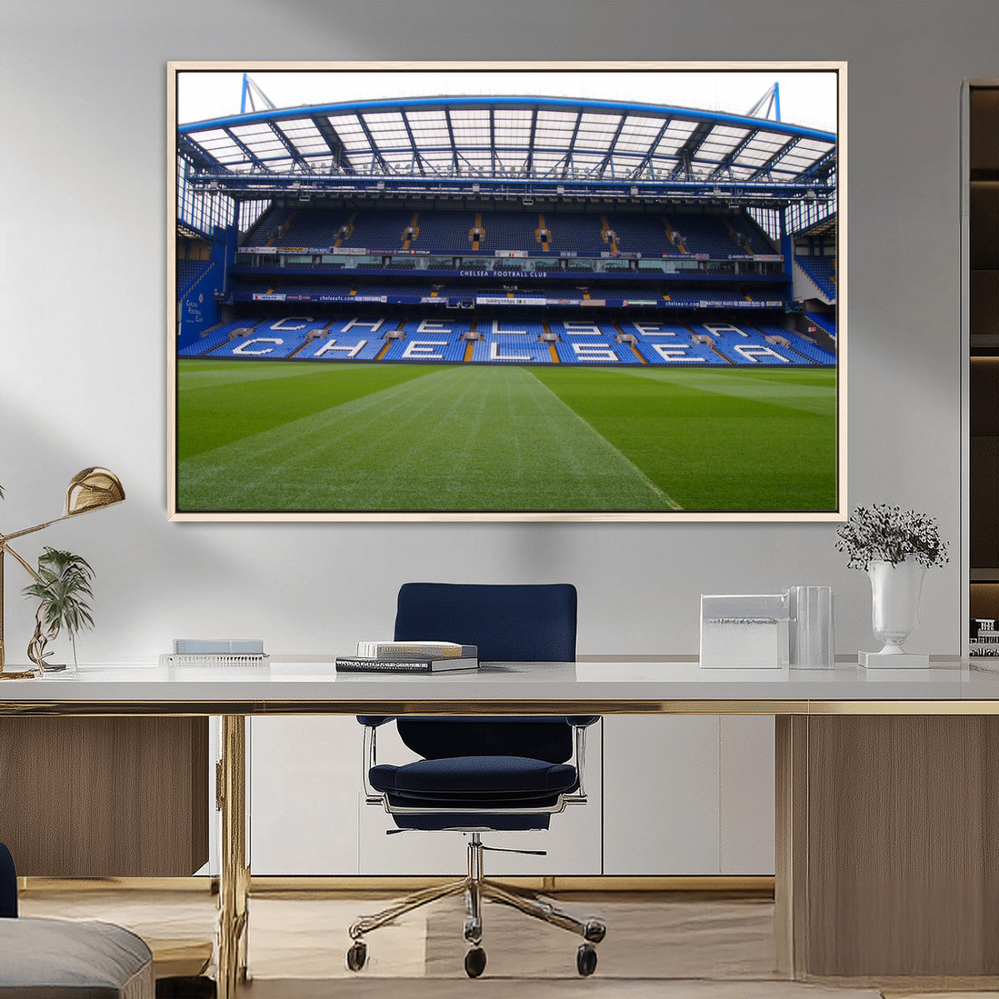38616413CHELSA-MGV-CV-36X24-Chelsea Stadium Wall Art – Panoramic Football Field Canvas Print, Game Day Sports Decor for Living Room, Office, or Man Cave