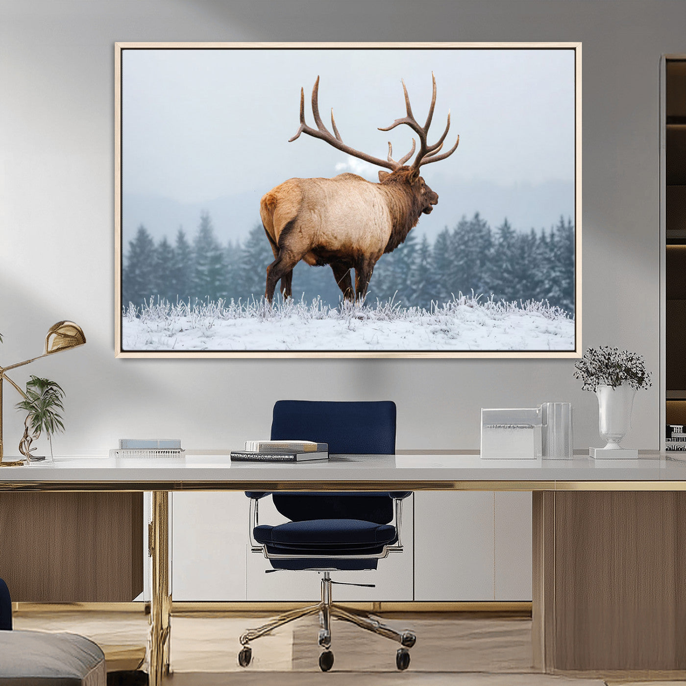 85177251-MGV-CV-36X24-Elk Wall Art – Majestic Wildlife Canvas Print of Bull Elk Snowy Forest, Rustic Nature Decor for Living Room, Cabin, or Office