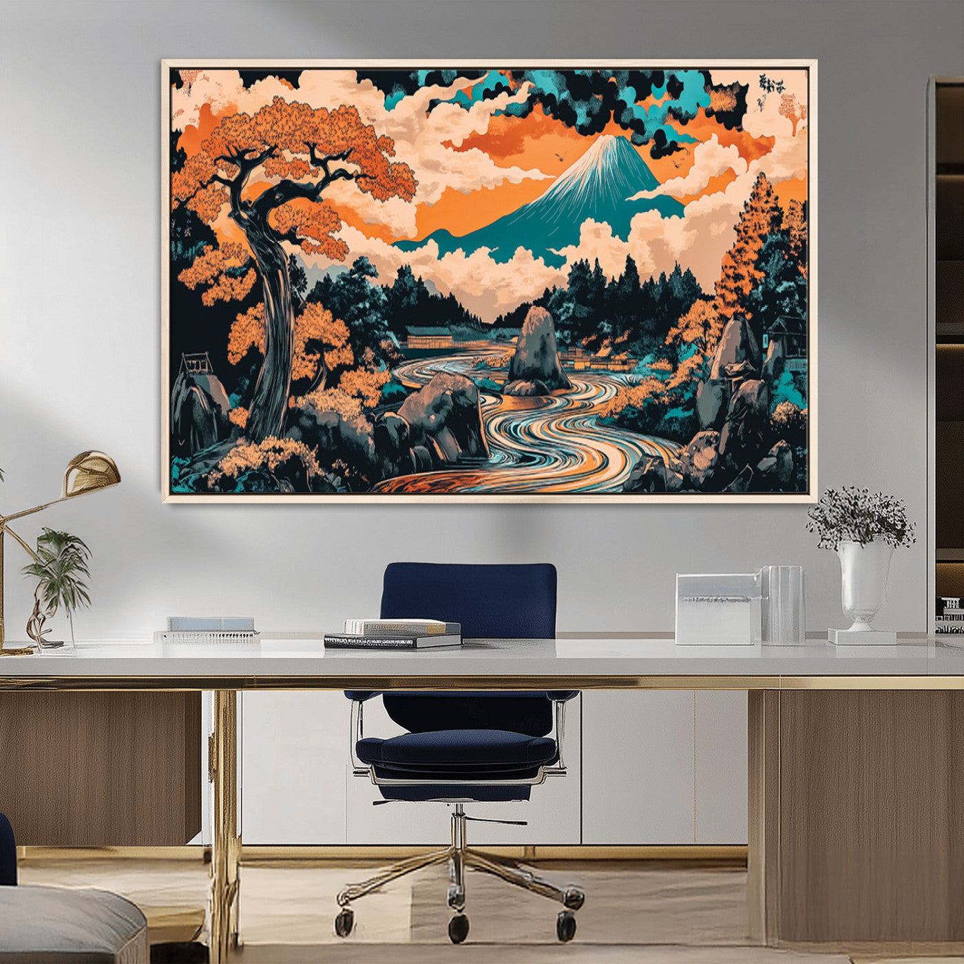 21638941-MGV-CV-36X24-Japanese Landscape Wall Art – Mount Fuji and Flowing River Ukiyo-e Style Canvas Print, Traditional Japan Inspired Artwork for