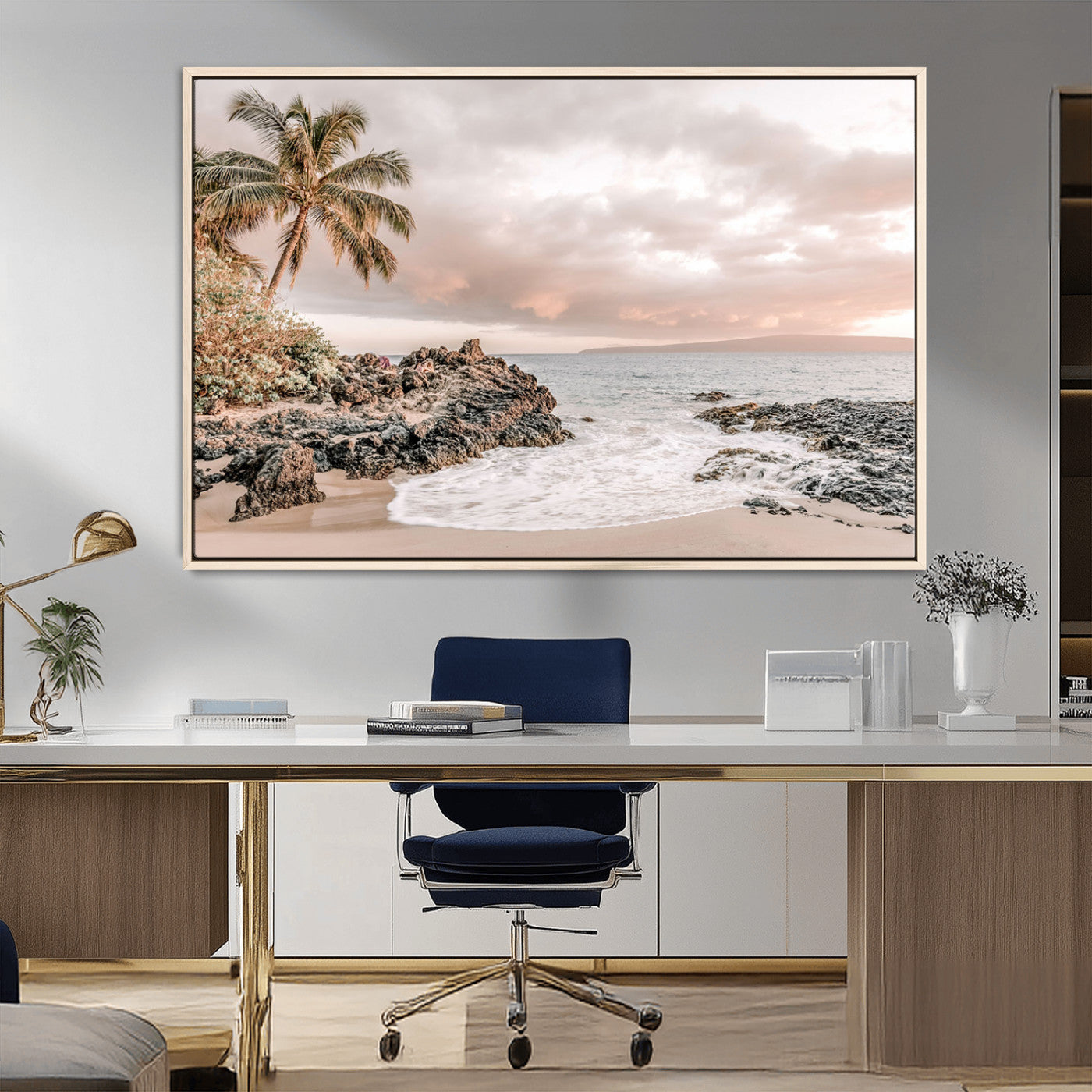 18005328-MGV-CV-36X24-Tropical Beach Wall Art – Coastal Ocean Canvas Print with Palm Tree, Sunset Sky and Rocky Shore, Serene Seascape Photography for