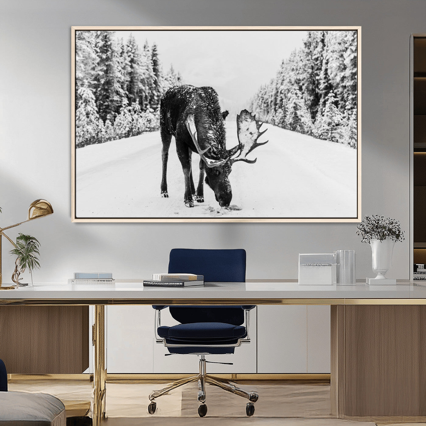 38956835-MGV-CV-36X24-Moose Winter Snowy Forest Canvas Wall Art – Wildlife Nature, Antlers in Frozen Landscape, Quiet Path, Cold Season Outdoors Print