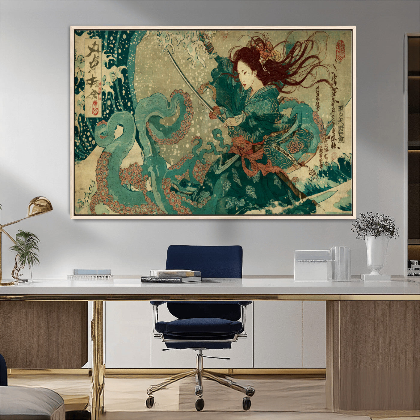86918027-MGV-FC-36X24_Natural-Samurai Warrior vs Octopus Wall Art – Japanese Ukiyo-e Ocean Battle Canvas Print, Traditional Samurai Artwork for Living Room,