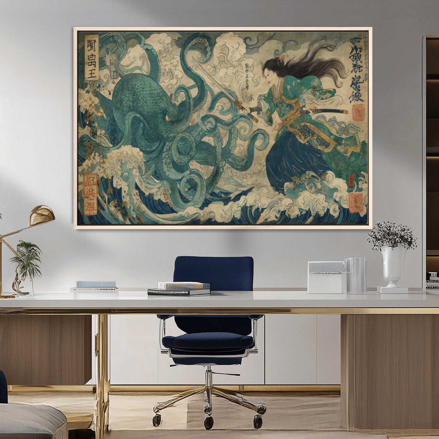 60346622-MGV-CV-36X24-Samurai Warrior vs Octopus Wall Art – Japanese Ukiyo-e Style Ocean Battle Canvas Print, Traditional Samurai Artwork for Living