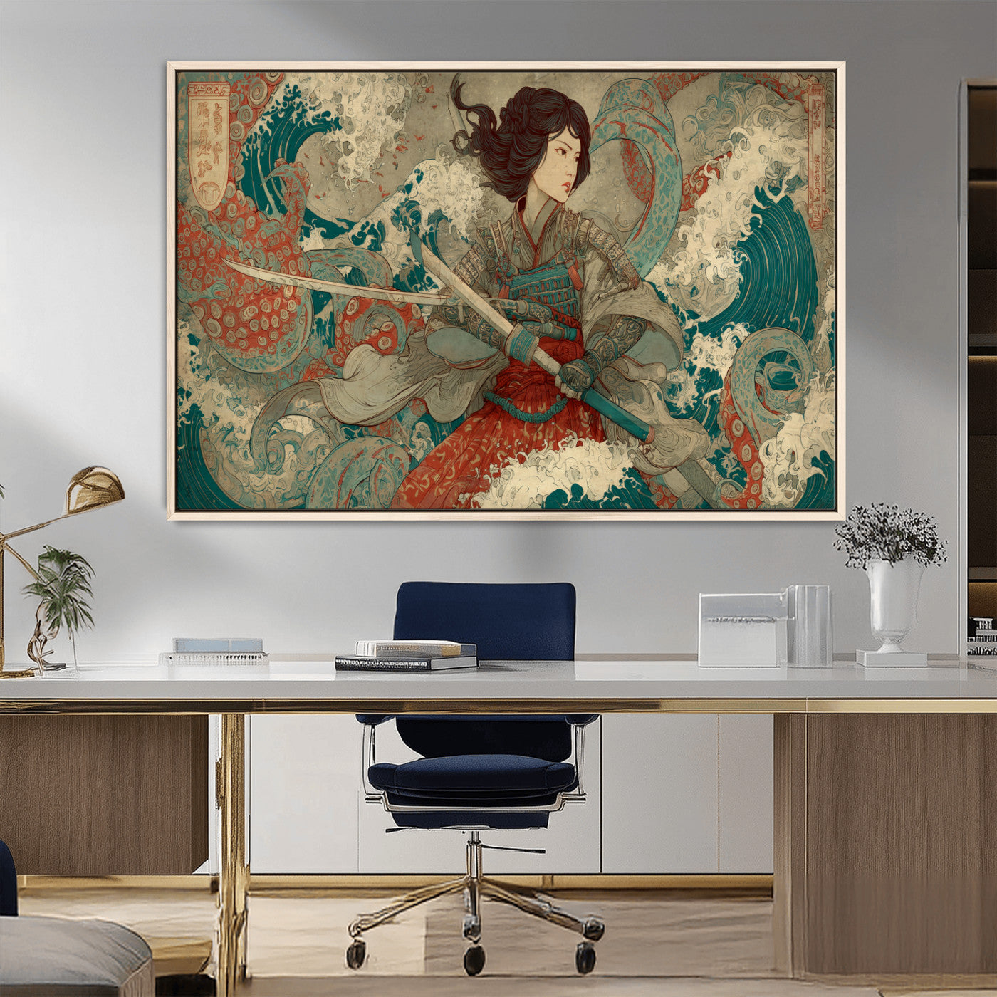 63377977-MGV-CV-36X24-Tsukioka Yoshitoshi Samurai Wall Art Print, Japanese Katana Warrior Canvas Wall Art, Octopus Sea Monster Canvas Print,