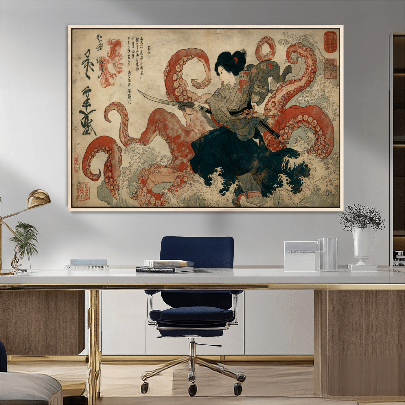 82737246-MGV-FC-36X24_Natural-Samurai Woman vs Octopus Wall Art – Japanese Ukiyo-e Dual Sword Canvas Print, Red Tentacle Ocean Battle Artwork for Living Room,