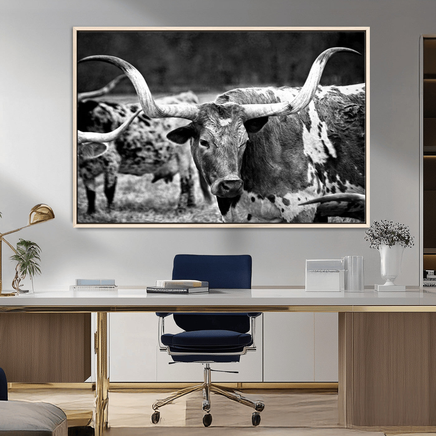 15425553-MGV-CV-36X24-Western Wall Art – Longhorn Cattle Black and White Canvas Print, Rustic Ranch Photography Decor for Bedroom, Living Room, Office,