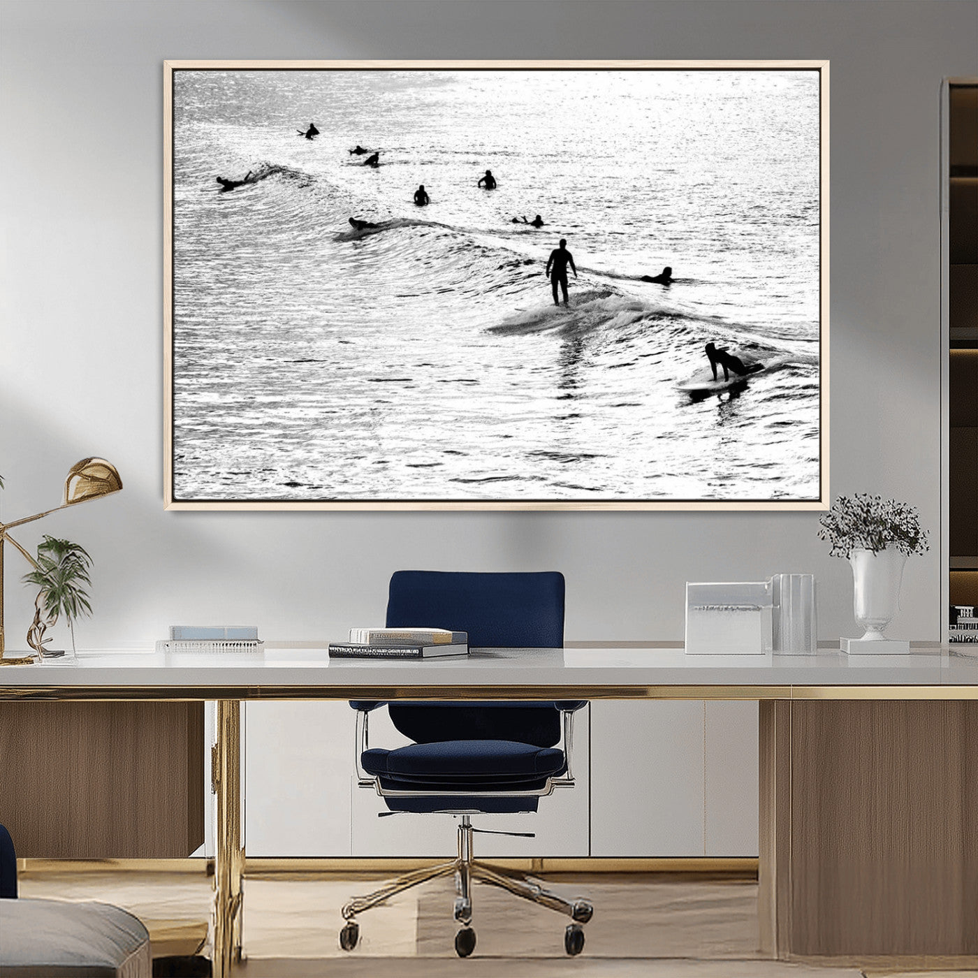 68018616-MGV-FC-36X24_Natural-Black and White Surf Photography Print – Minimalist Ocean Wall Art, Surfers Riding Waves, Coastal Beach Decor for Modern Home or