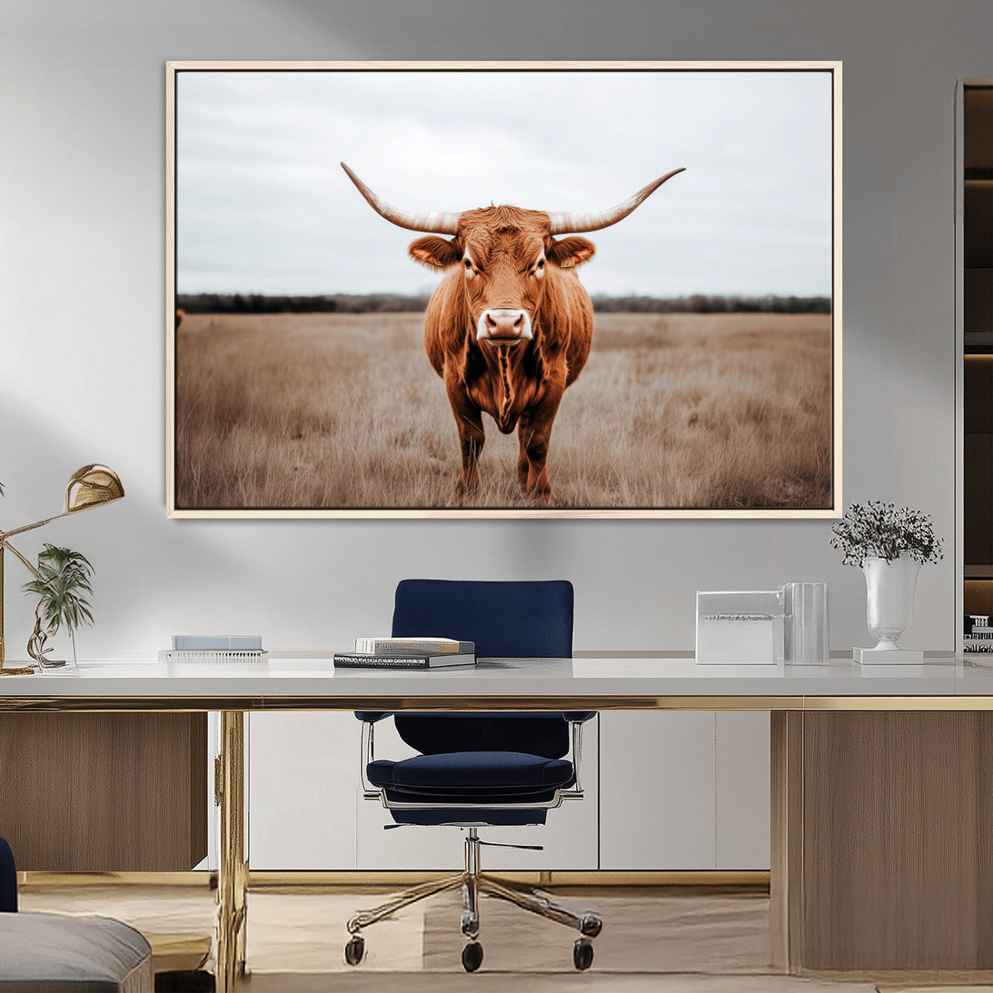 16316734-MGV-FC-36X24_Natural-Texas Longhorn Wall Art – Rustic Bull Portrait Canvas Print, Western Farmhouse Animal Photography Decor for Living Room, Office,