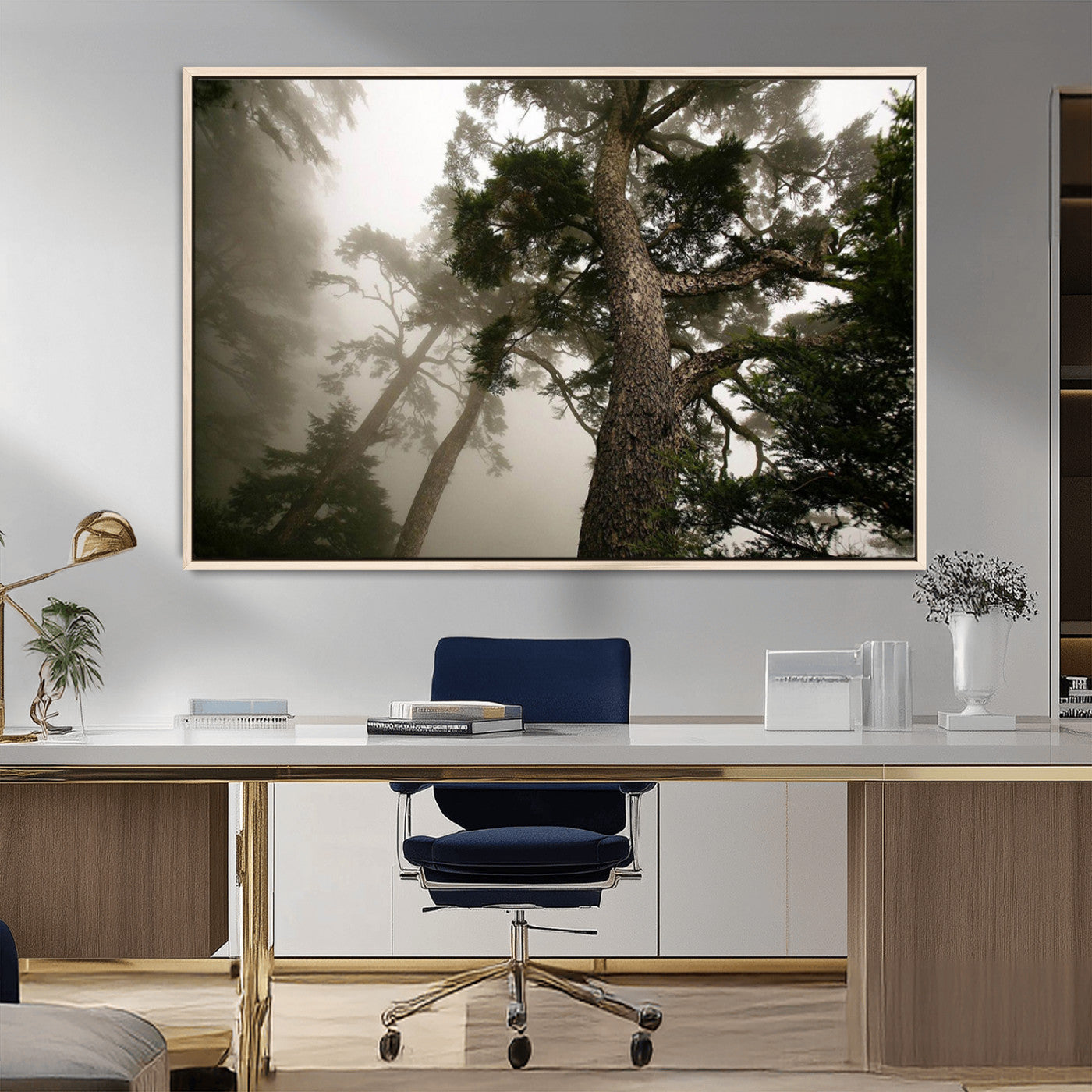 87969493-MGV-CV-36X24-Forest Wall Art – Misty Tall Trees Canvas Print, Dramatic Woodland Photography Decor for Bedroom, Living Room, Office, Cabin,