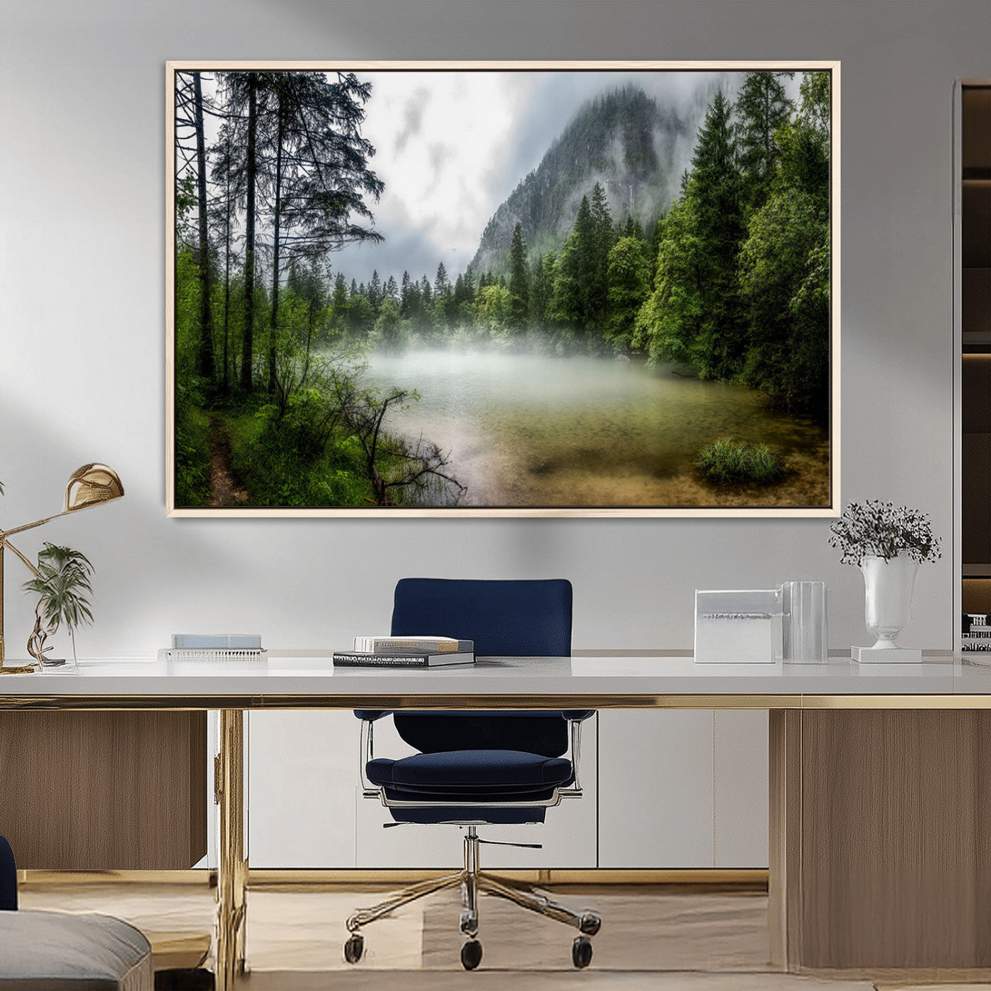 93123937-MGV-FC-36X24_Natural-Landscape Wall Art – Misty Mountain Lake Canvas Print, Tranquil Forest and Waterfall Photography Decor for Bedroom, Living Room,