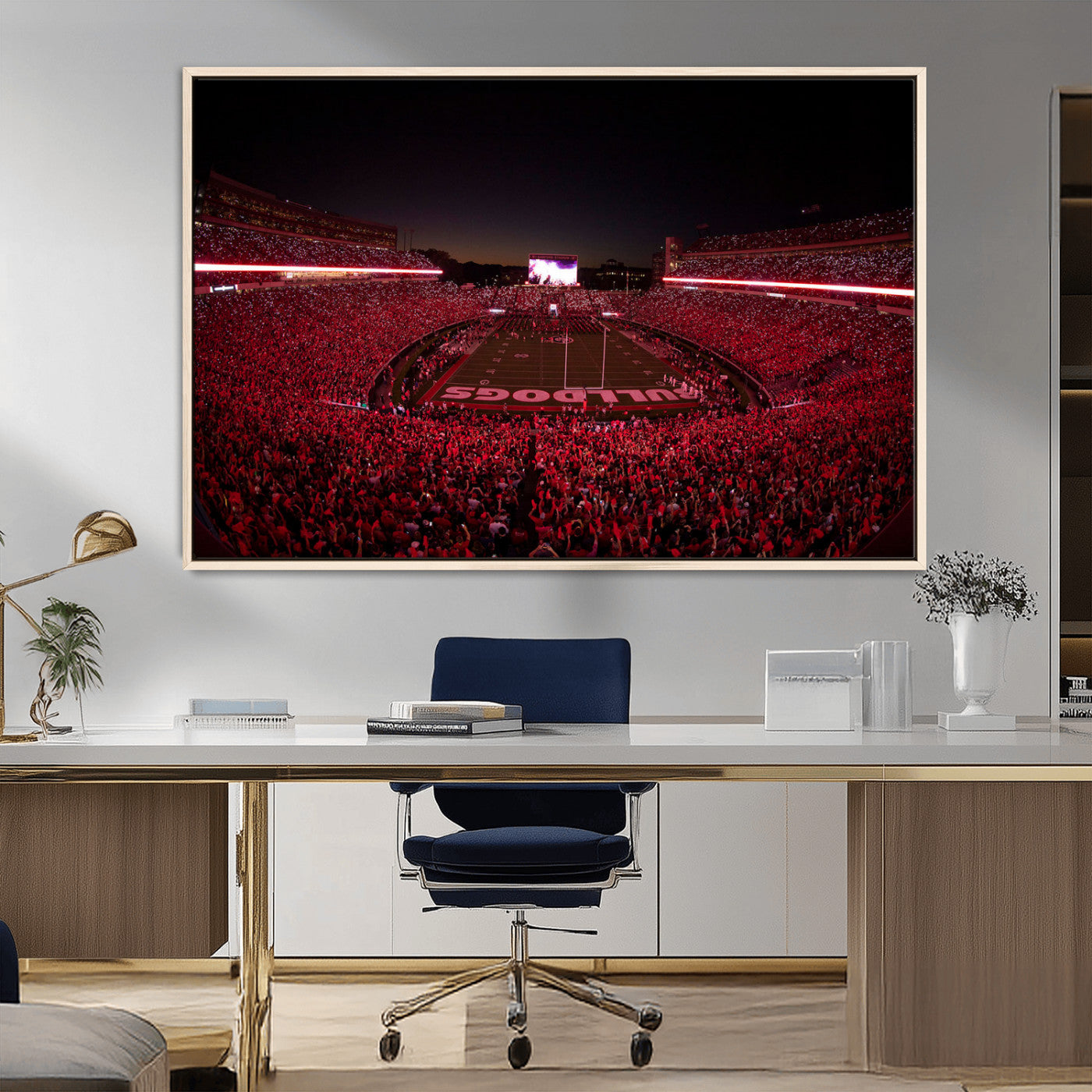 38331045-MGV-FC-36X24_Natural-Sanford Stadium Wall Art – Panoramic Georgia Bulldogs Red Light Game Football Canvas Print, Night Crowd Sports Decor for Office,