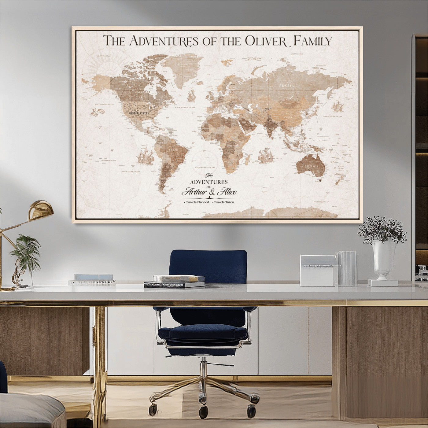 43869621-MGV-FC-36X24_Natural-Personalized World Map Wall Art – Light Beige Sepia Adventure Travel Map with Custom Family or Couple Names, Rustic Wall Decor for