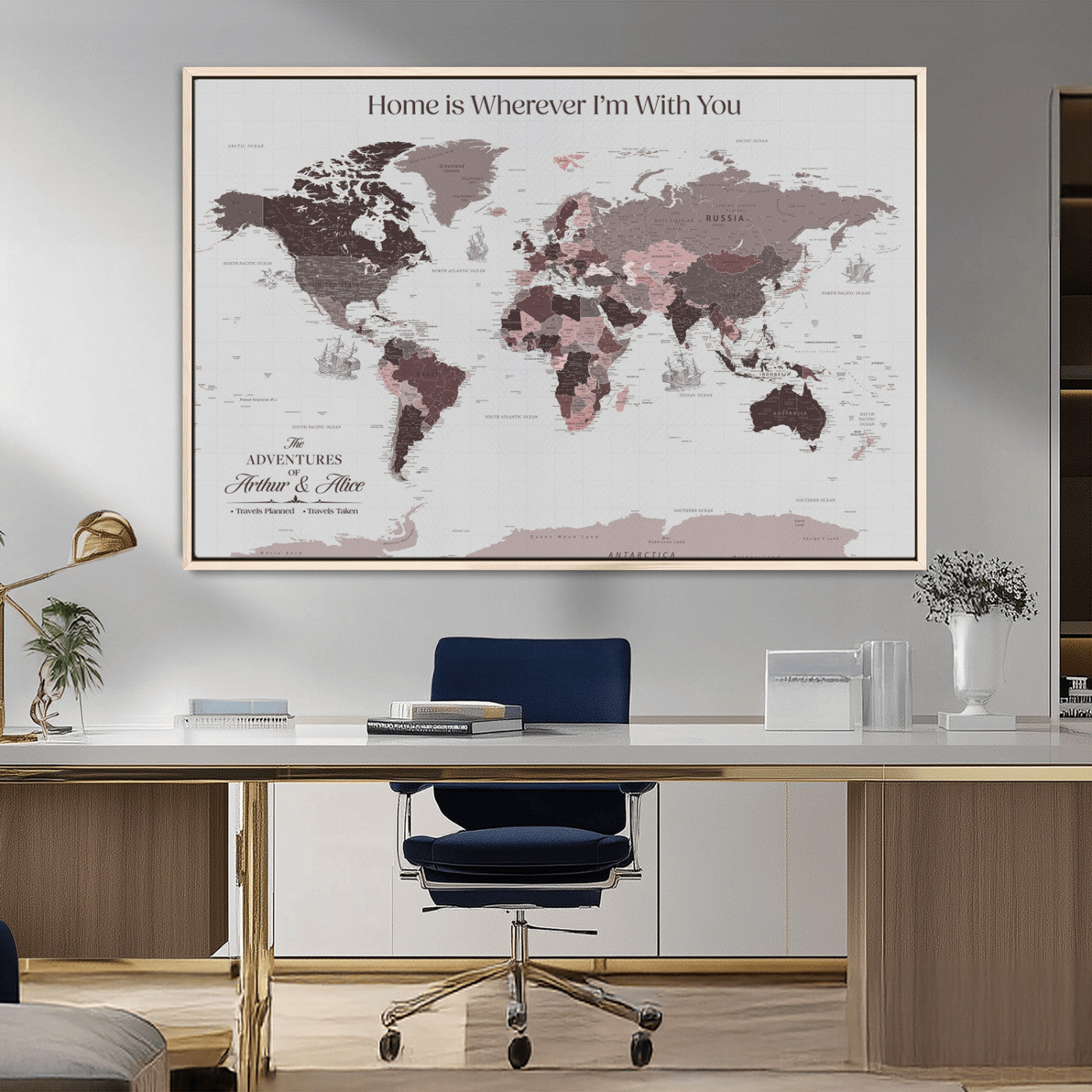 33204797-MGV-CV-36X24-Personalized World Map Wall Art – Burgundy & Grey Adventure Travel Map with Custom Names, Romantic Wall Decor for Couples, Home or
