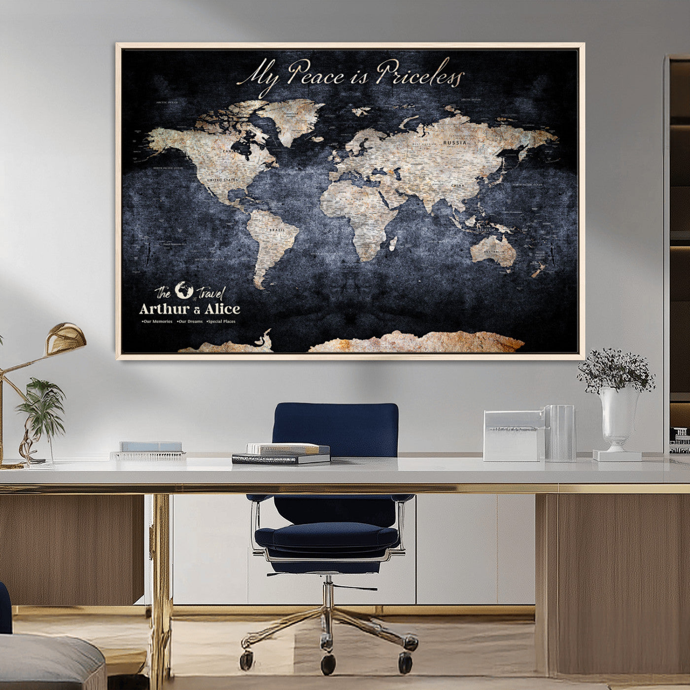 85403043-MGV-CV-36X24-Personalized World Map Wall Art – Dark Blue Rustic Adventure Map with Custom Couple Names, Vintage Wall Decor for Home or Travel