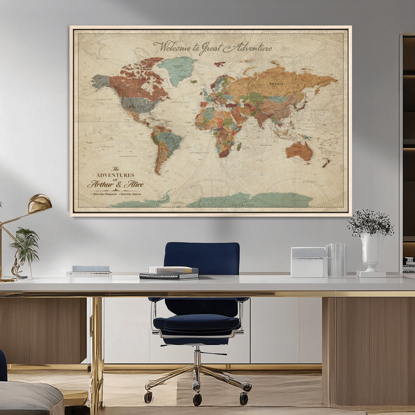 43497401-MGV-FC-36X24_Natural-Personalized World Map Wall Art – Vintage Rustic Adventure Travel Map with Custom Couple Names, Welcome to Great Adventure Wall