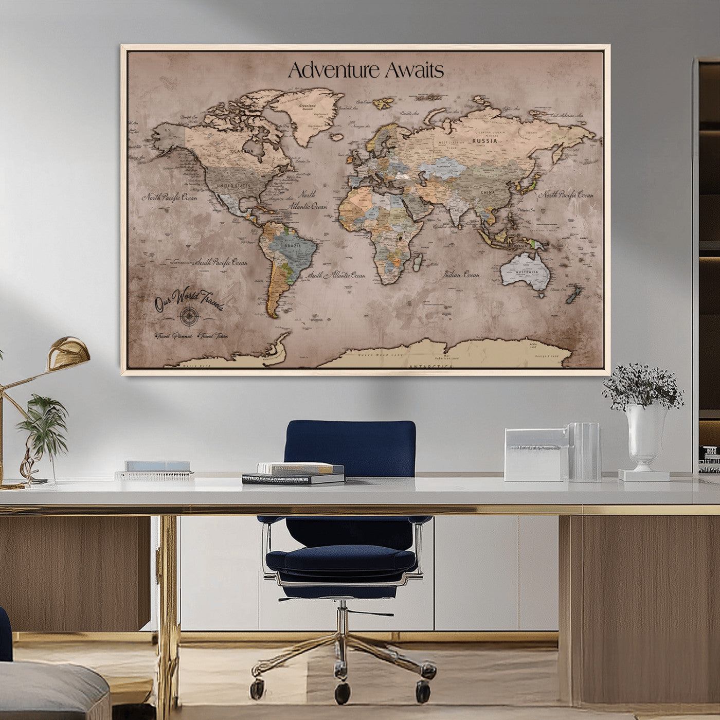 93226713-MGV-CV-36X24-Personalized World Map Wall Art – Adventure Awaits Rustic Earth-Tone Travel Map with Custom Names, Vintage Wall Decor for Couples,