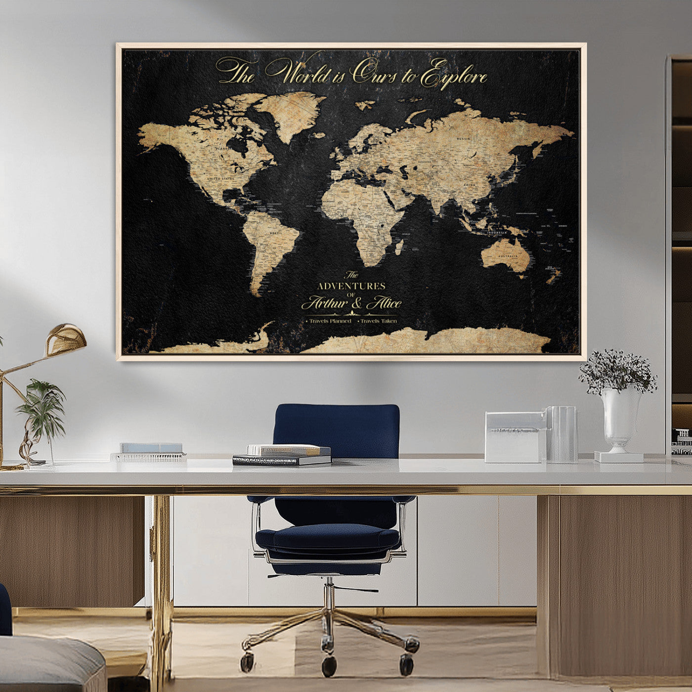 98947257-MGV-FC-36X24_Natural-Personalized World Map Wall Art – Vintage Black Adventure Travel Map with Custom Names, Elegant Push Pin Canvas for Couples Home