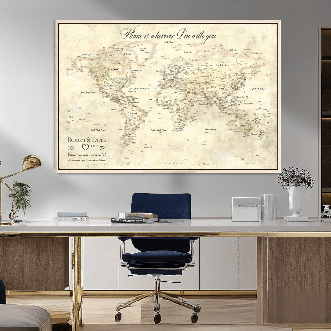 57950315-MGV-FC-36X24_Natural-Personalized World Map Wall Art – Vintage Beige Travel Map with Custom Names, Romantic Anniversary Gift for Couples, Adventure