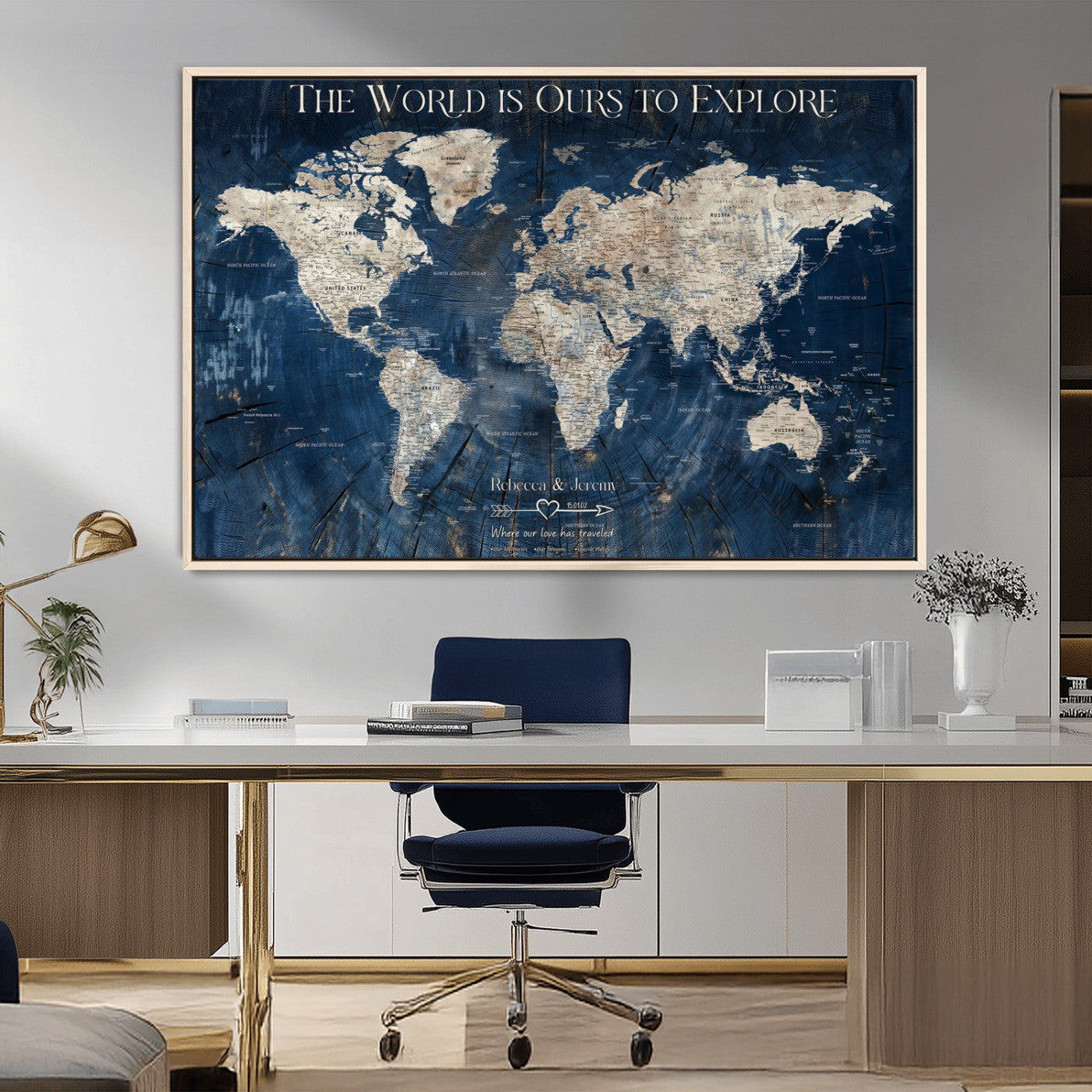 16933330-MGV-CV-36X24-Personalized World Map Wall Art – Navy Blue Vintage Travel Map with Custom Names, Anniversary Gift for Couples Romantic Adventure