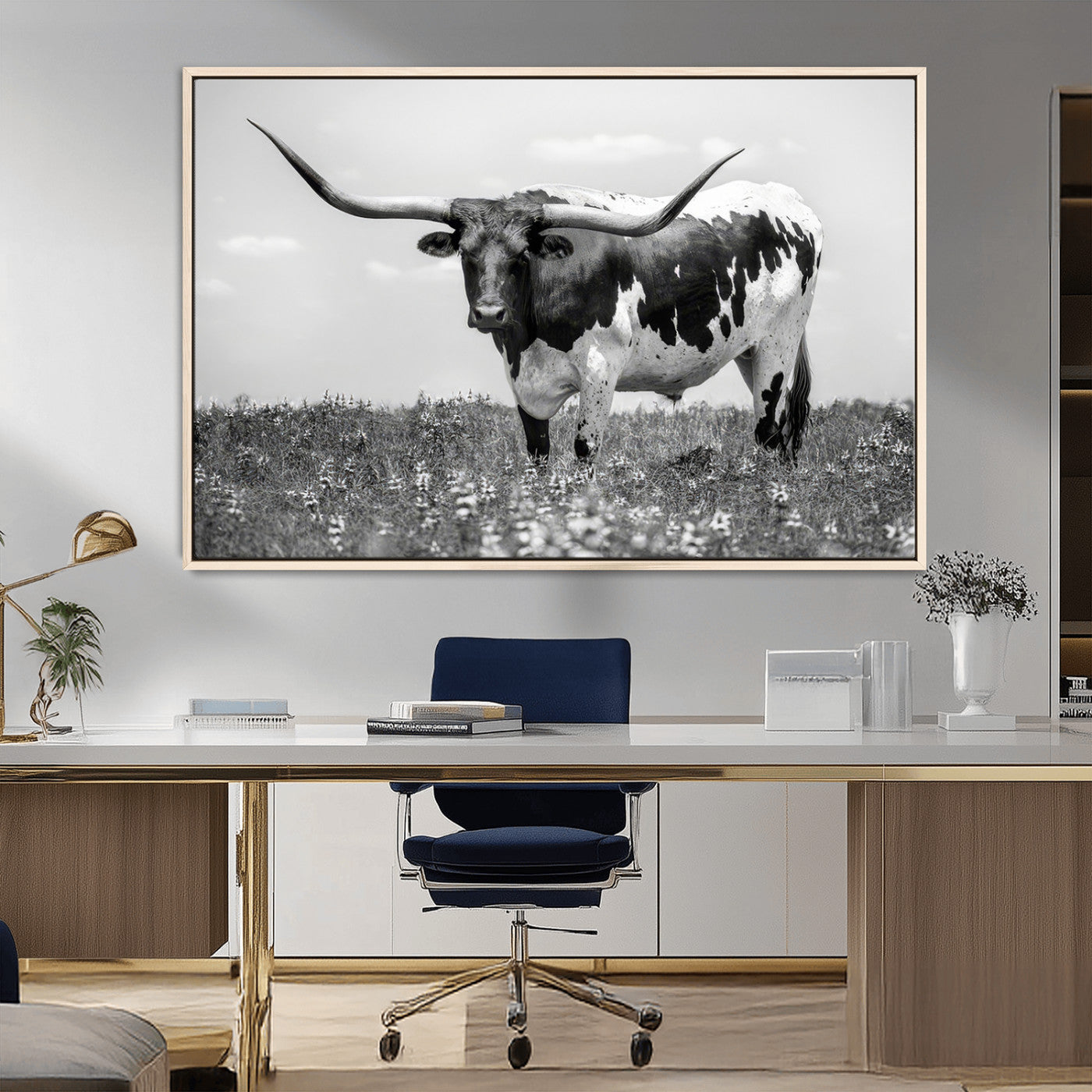 83785-MGV-CV-36X24-Texas Longhorn Wall Art Canvas Print, Framed Horned Bull Art Picture Print, Monochrome Cattle Perfect Rustic Western Decor Artwork
