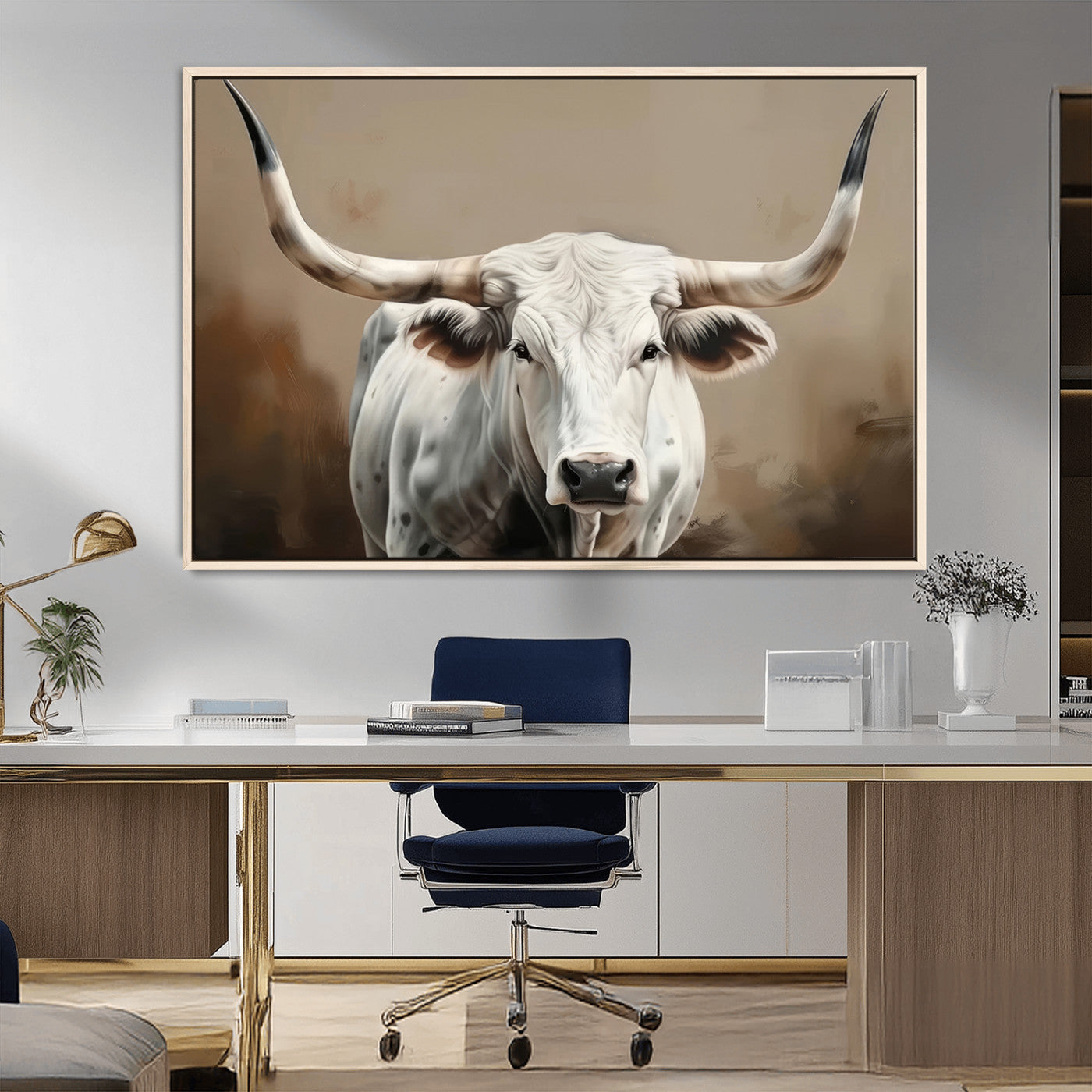63550-MGV-CV-36X24-Texas Longhorn Wall Art Canvas Print, Framed White Bull Art Picture Print, Horned Cattle Perfect Rustic Western Decor Artwork