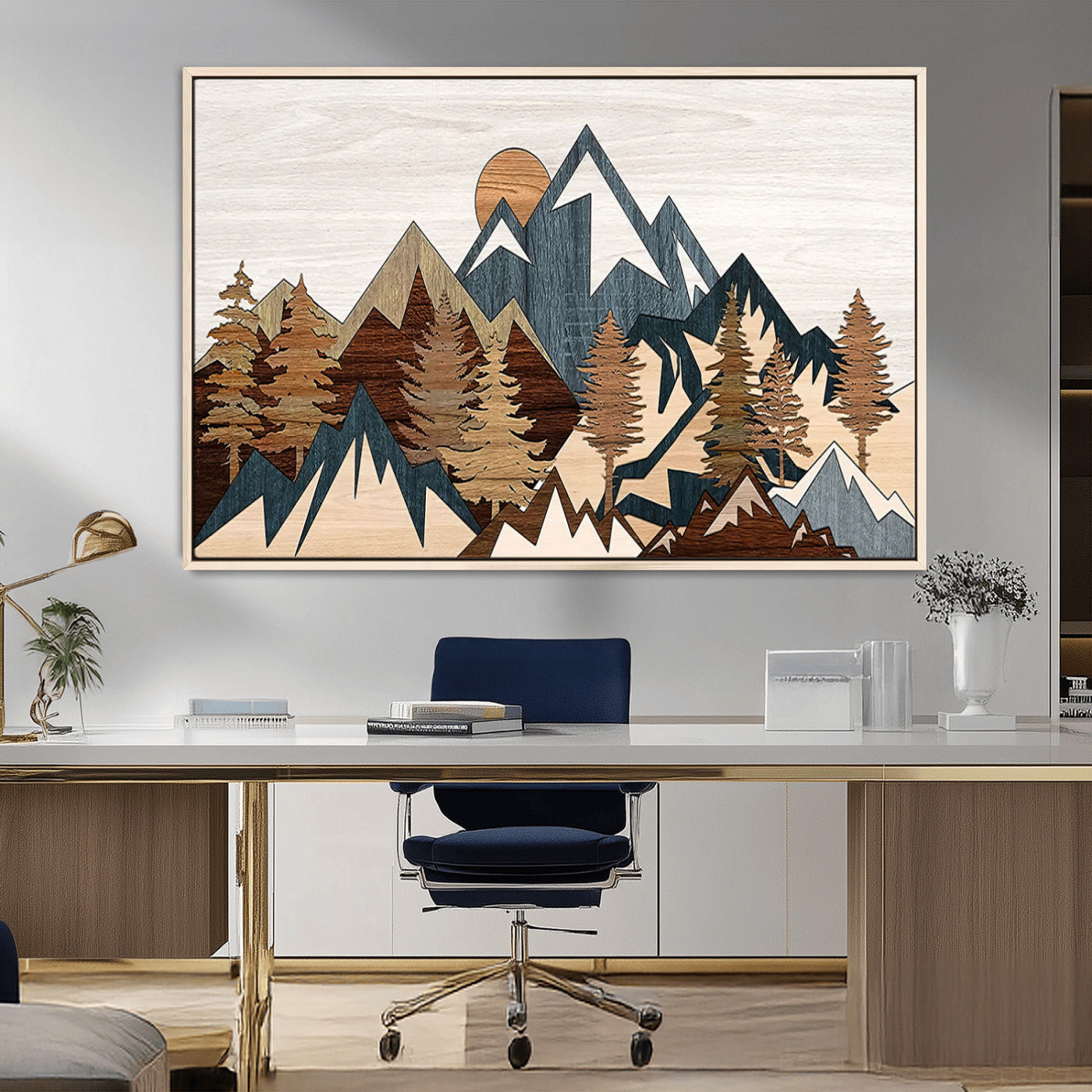 80300-MGV-CV-36X24-Geometric Mountains Wall Art Canvas Print, Framed Stylized Trees Art Picture Print, Graphic Forest Perfect Rustic Abstract Decor