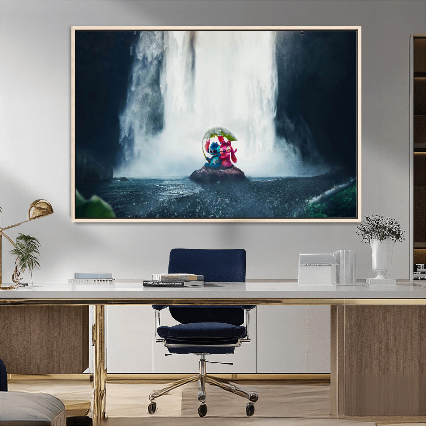 32259-MGV-FC-36X24_Natural-Stitch Angel Wall Art Canvas Print, Framed Stitch Waterfall Art Picture Print, Cartoon Couple Perfect Moody Fantasy Decor Artwork