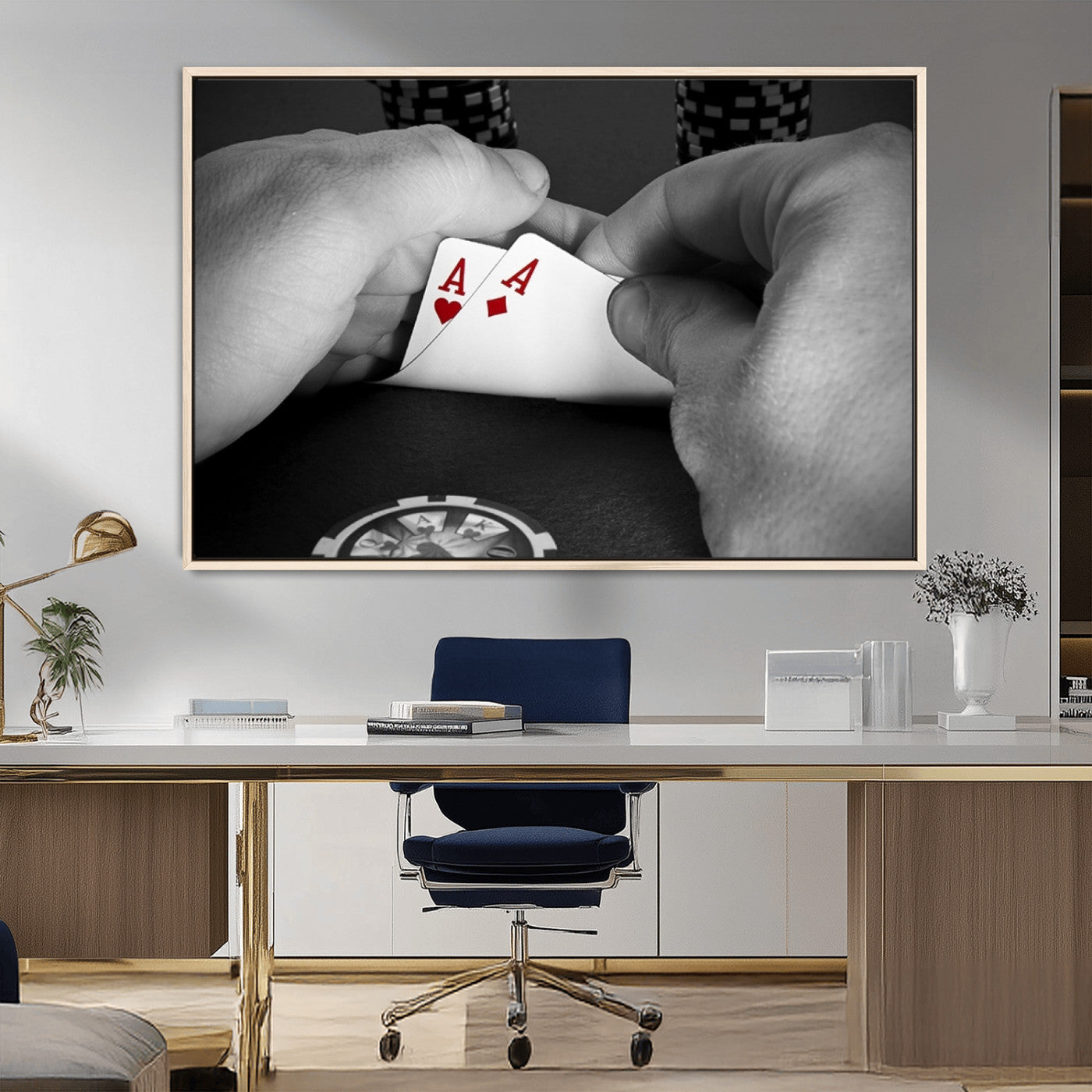 62460-MGV-CV-36X24-Poker Game Wall Art – Close Up of Hands Holding Aces with Chips, Casino Style Decor for Game Room, Man Cave or Office