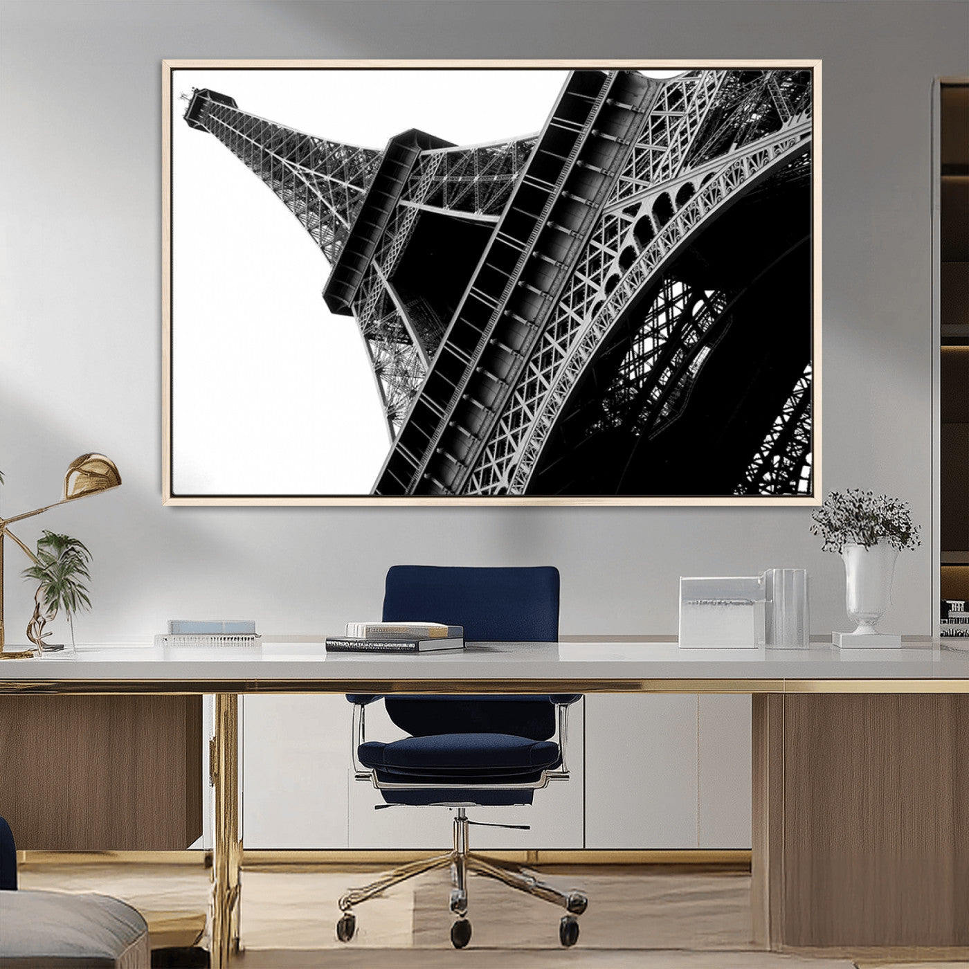 89033-MGV-FC-36X24_Natural-Eiffel Tower Wall Art – Dramatic Black and White Architectural Canvas Print, Modern Paris Decor for Office, Living Room or