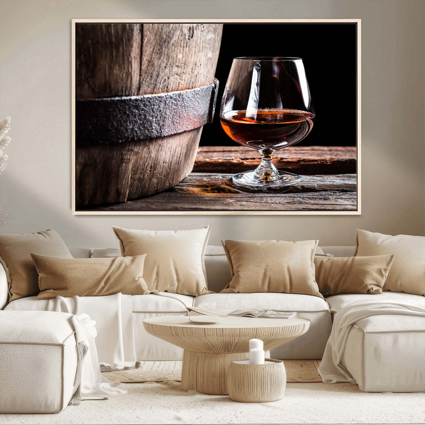 50839-MGV-CV-36X24-Barrel & Brandy Wall Art – Rustic Whiskey Barrel and Brandy Glass Canvas Print, Elegant Home Bar or Lounge Decor for Office, Man