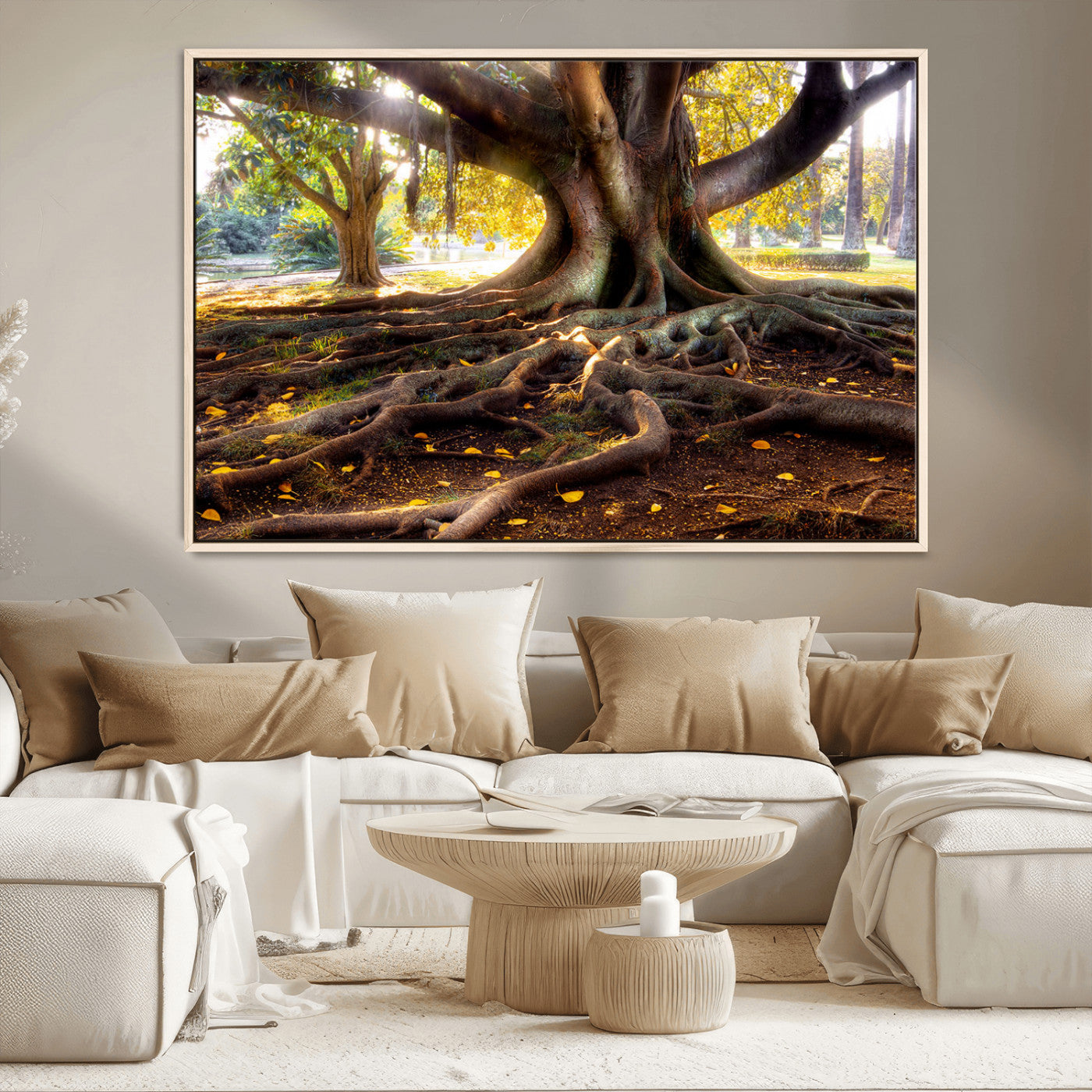 53335-MGV-CV-36X24-Majestic Tree with Sprawling Roots Wall Art – Serene Sunlit Park Scene, Nature Canvas Print, Perfect for Living Room, Office or