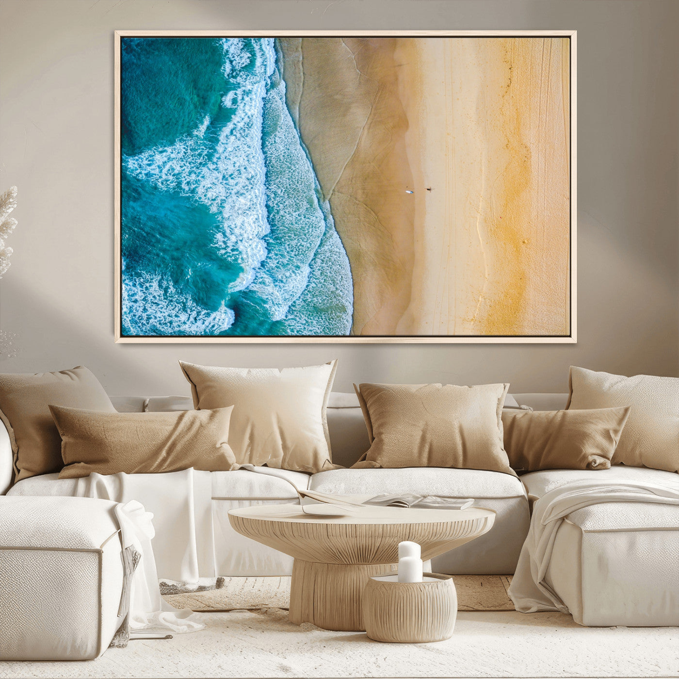 46640-MGV-FC-36X24_Natural-Aerial Beach Wall Art – Turquoise Waves and Golden Sand Canvas Print with Lone Surfer, Coastal Ocean Decor for Living Room,