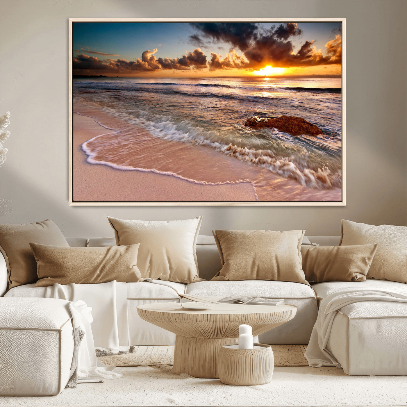38302-MGV-CV-36X24-Sunset Beach Wall Art – Stunning Ocean Waves and Rock Canvas Print, Warm Coastal Decor for Living Room, Bedroom, Office or Beach