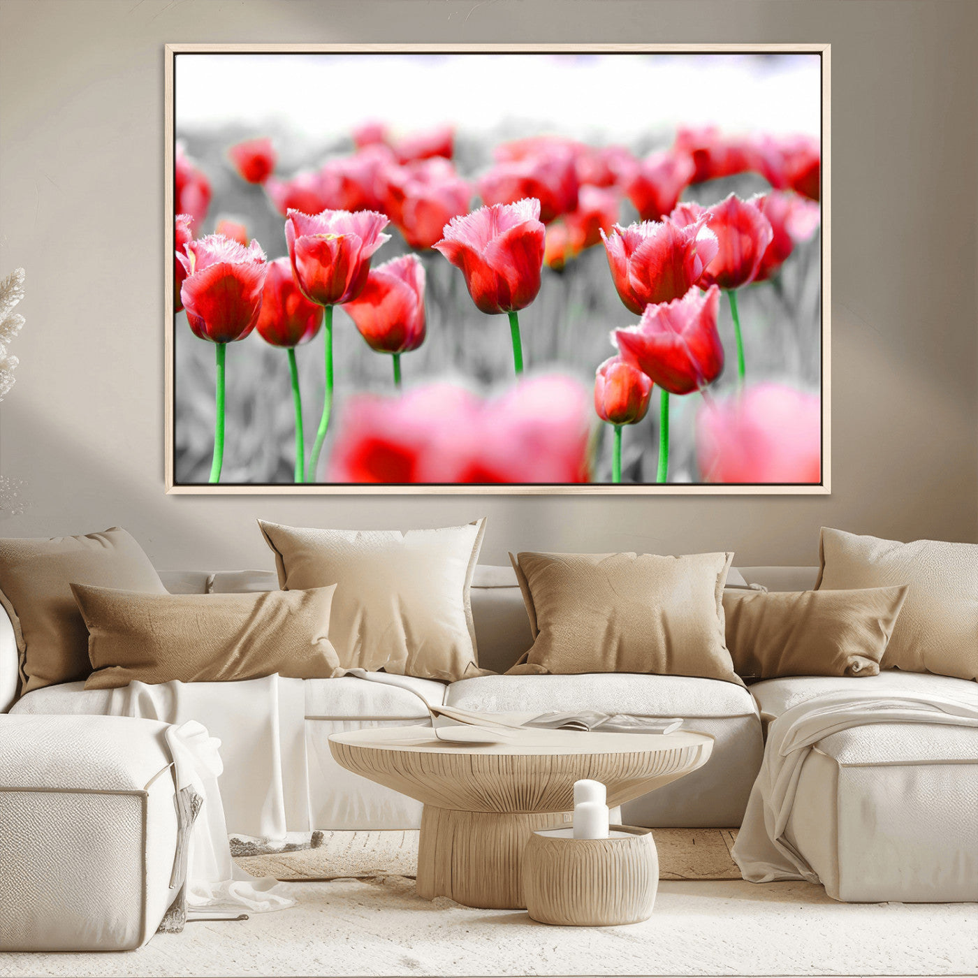 44554-MGV-CV-36X24-Vibrant red tulips stand out beautifully against a black-and-white background, making a striking decor piece perfect for any home