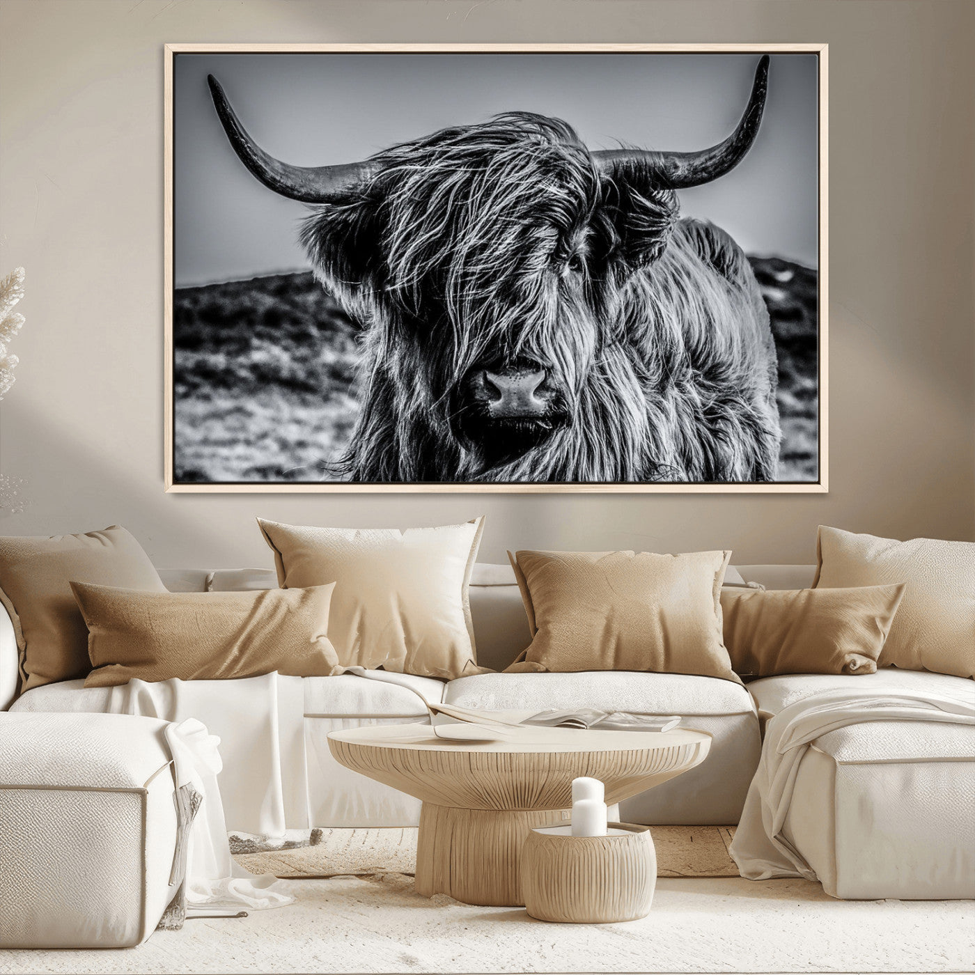 97372-MGV-CV-36X24-Elegant Highland Cow Wall Art – Black and White Canvas Print, Rustic Nature Decor for Home, Office, Living Room or Man Cave