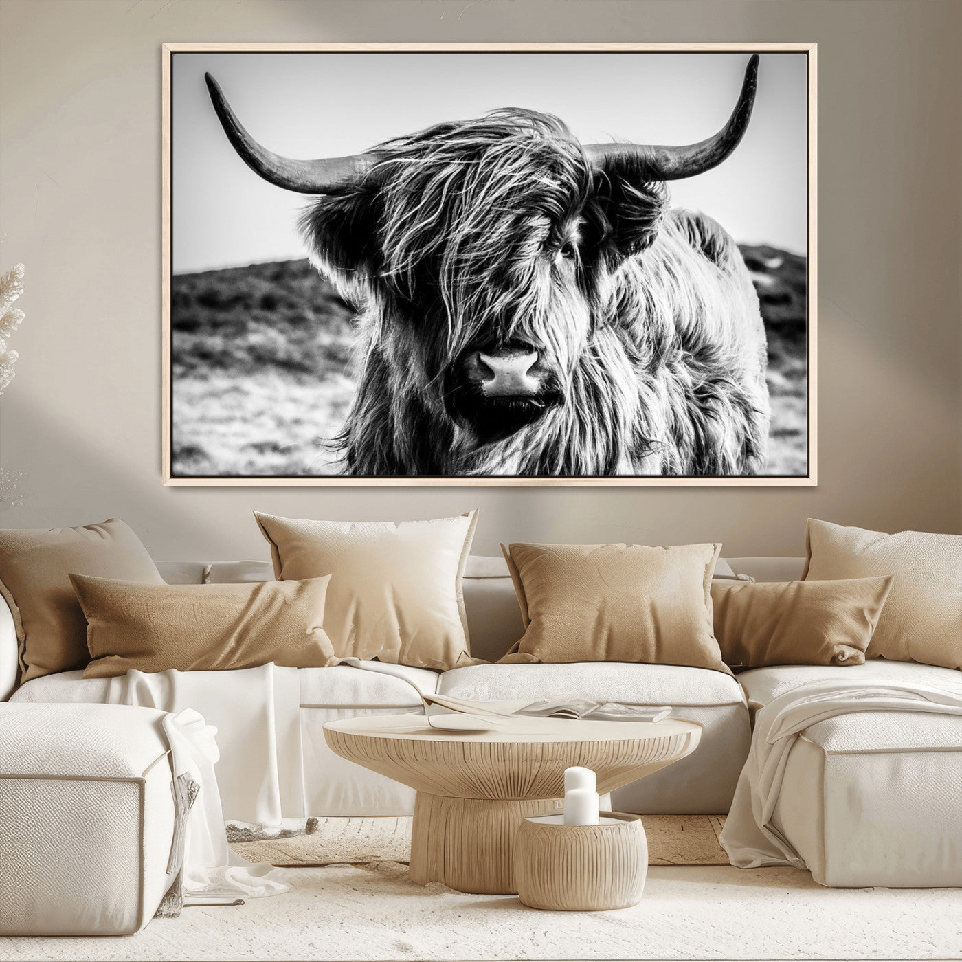 36979-MGV-CV-36X24-Striking black-and-white portrait of a Highland cow with flowing fur and majestic horns, perfect for rustic and elegant home or
