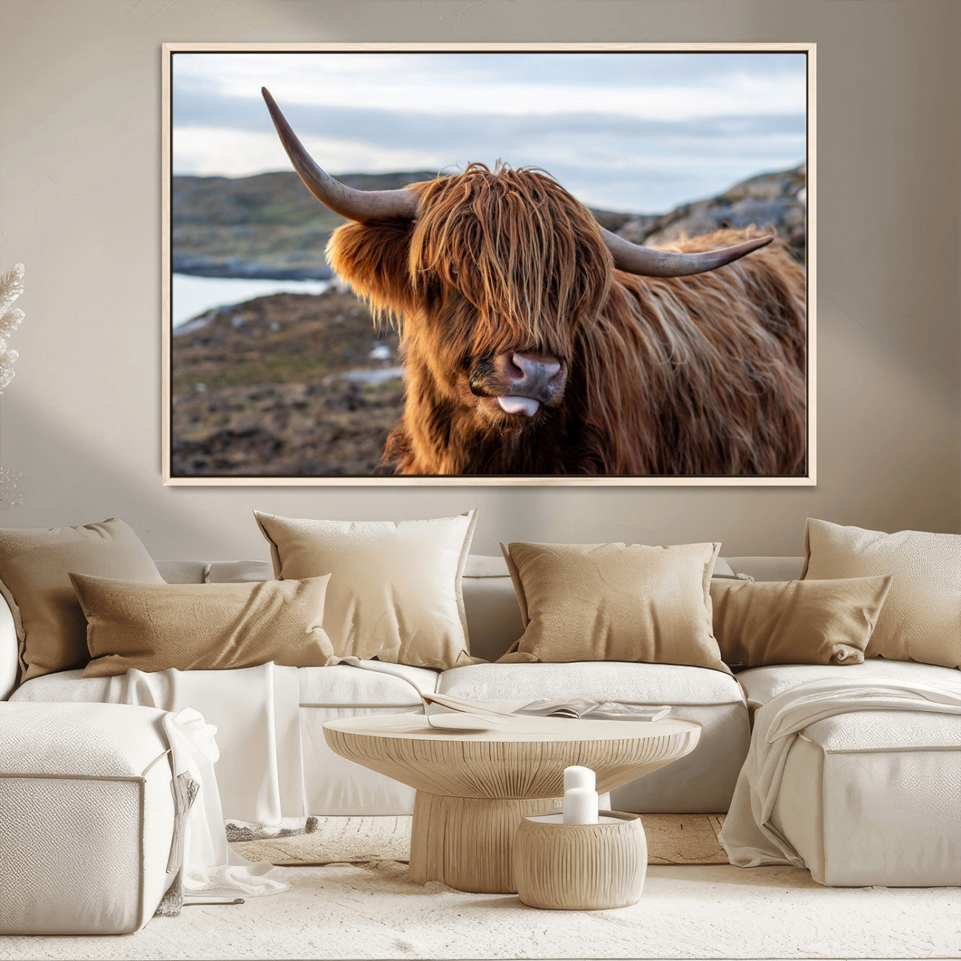 71222-MGV-CV-36X24-A playful Highland cow with shaggy fur sticks out its tongue, set against a rugged landscape — perfect for quirky home or office