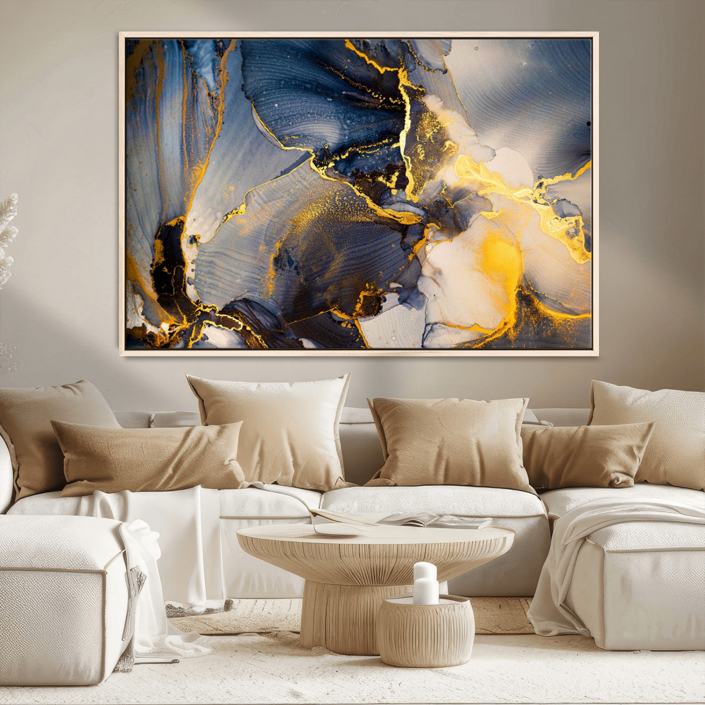 42100-MGV-CV-36X24-Golden Flow Abstract Wall Art – Panoramic Modern Blue and Gold Canvas Print, Contemporary Artistic Decor for Home, Office