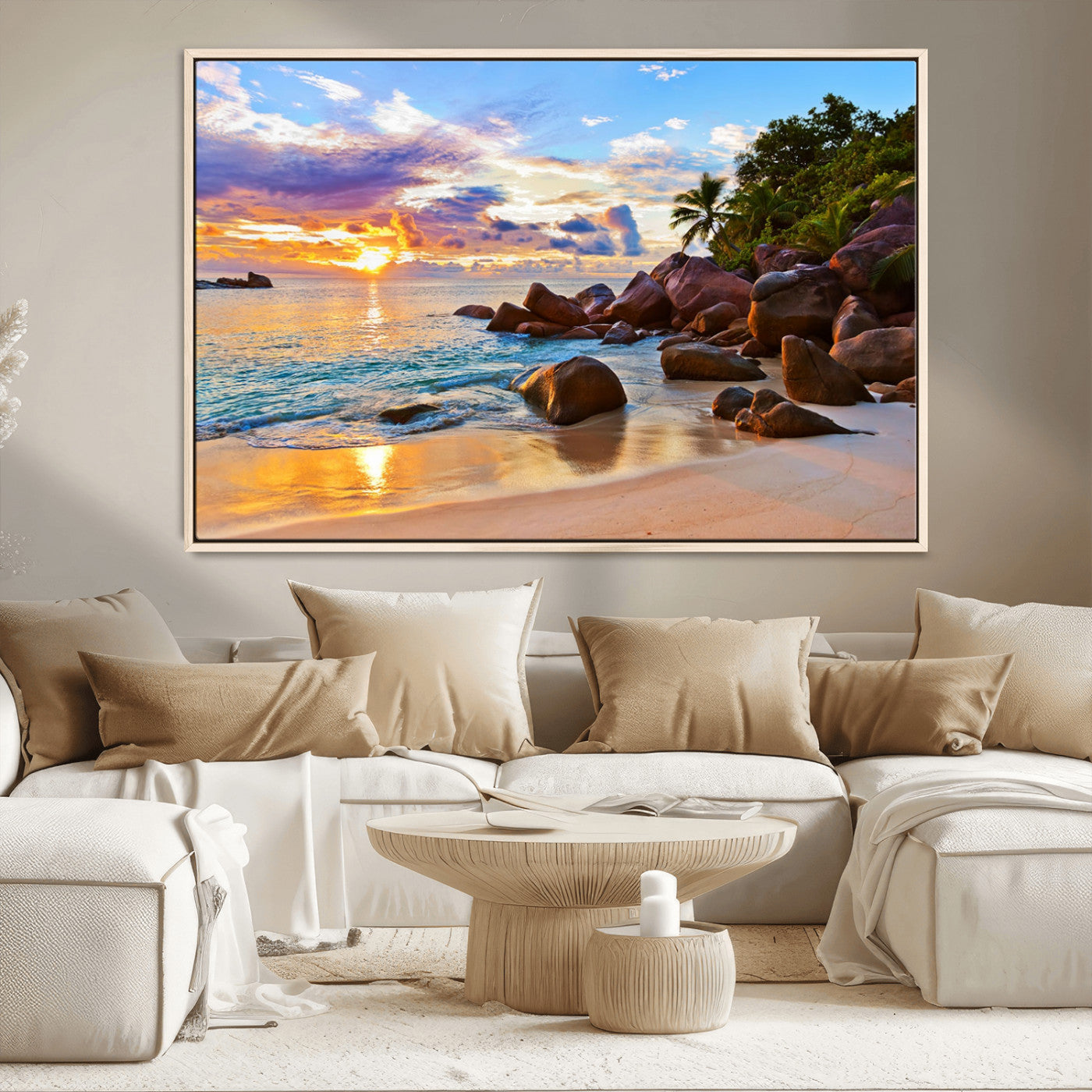 43209-MGV-CV-36X24-Tropical Beach Sunset Wall Art – Golden Ocean Waves and Palm Trees with Rocky Shore Canvas Print, Coastal Seascape Decor for