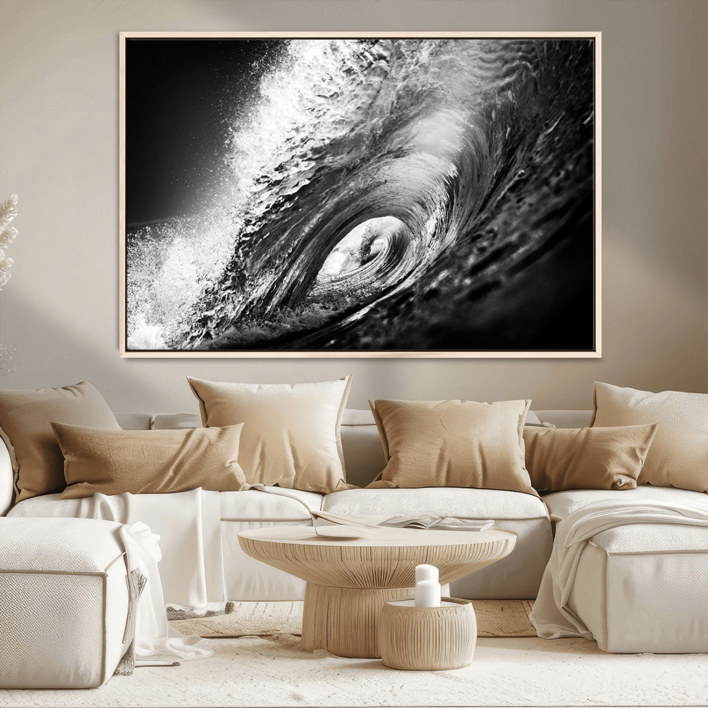 22702-MGV-CV-36X24-Black and White Ocean Wave Wall Art – Powerful Surf Curl Photography Canvas Print, Modern Coastal Decor for Living Room, Office or