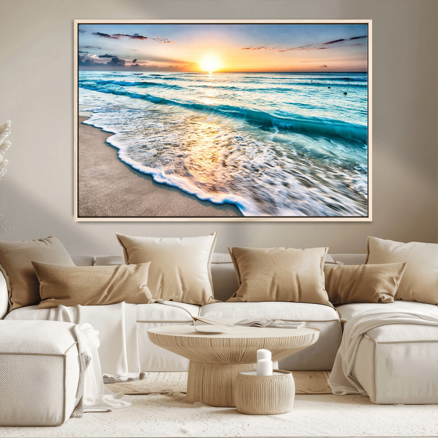 27815-MGV-CV-36X24-Ocean Sunrise Beach Wall Art – Serene Coastal Canvas Print with Waves and Golden Morning Light, Relaxing Seascape Decor for