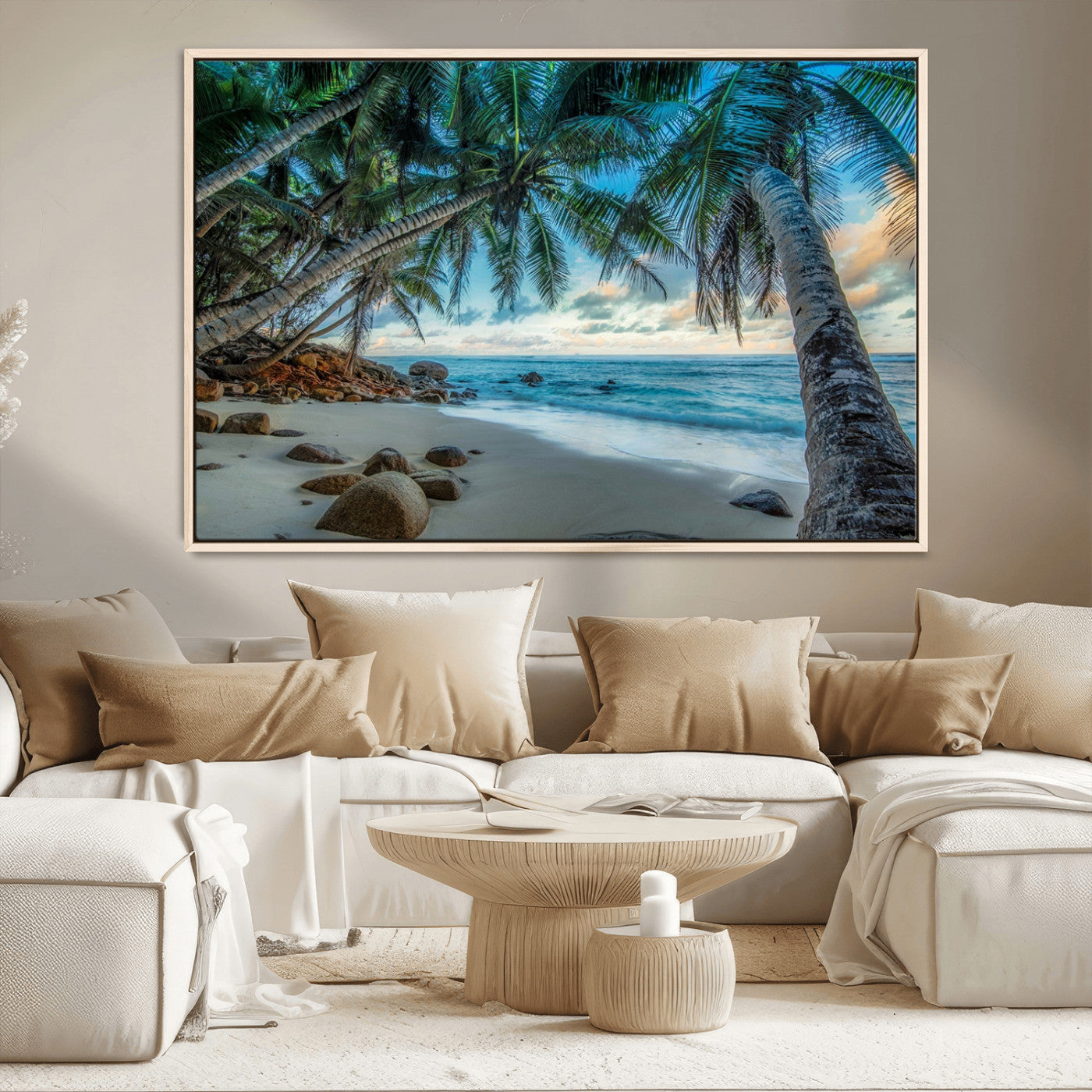 39679-MGV-CV-36X24-Tropical Palm Beach Wall Art – Serene Ocean Canvas Print with Palm Trees and Rocks, Coastal Paradise Decor for Living Room or