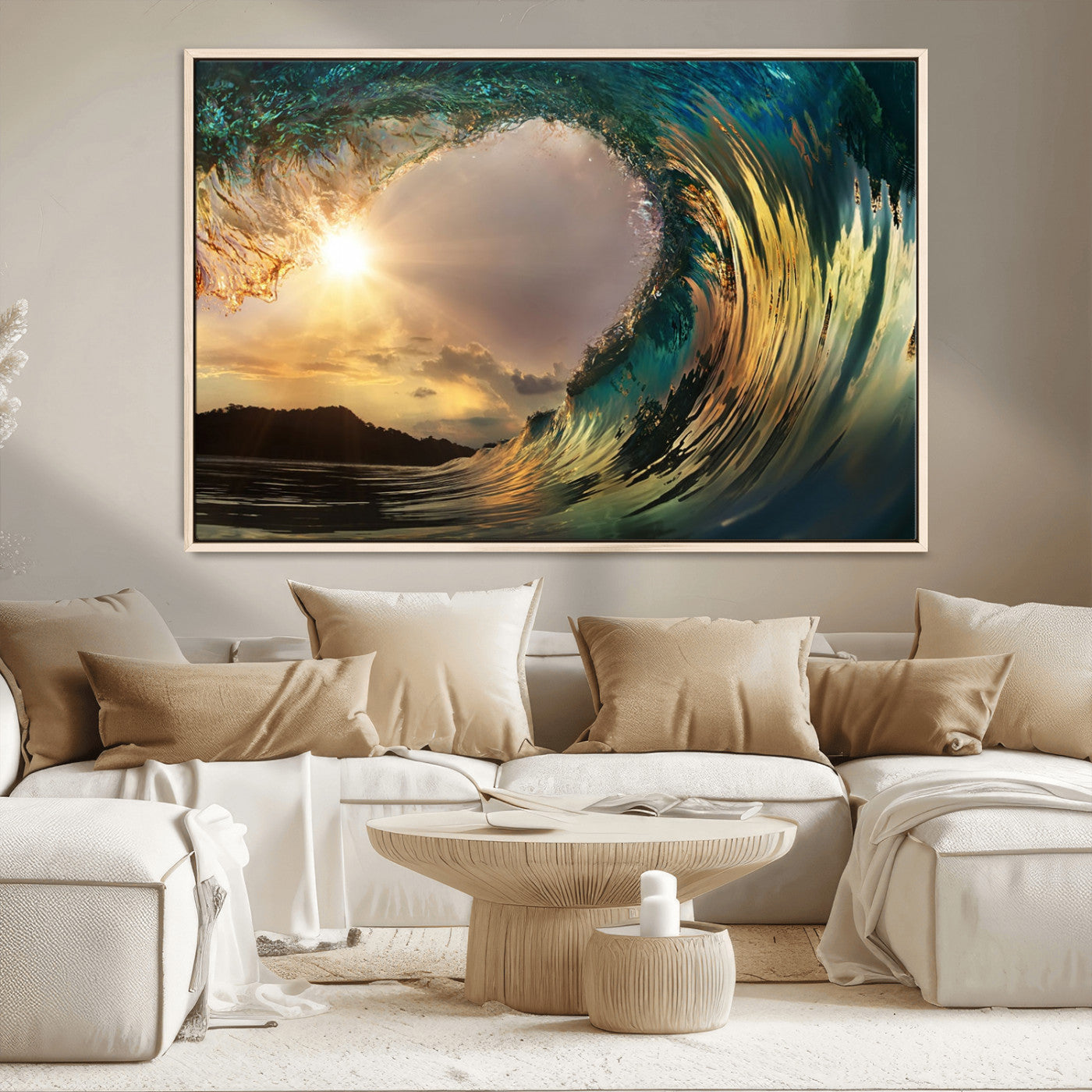 38256-MGV-CV-36X24-Ocean Wave Wall Art – Stunning Sunrise Through Curling Wave Canvas Print, Coastal Surf Photography Seascape Decor for Living Room,